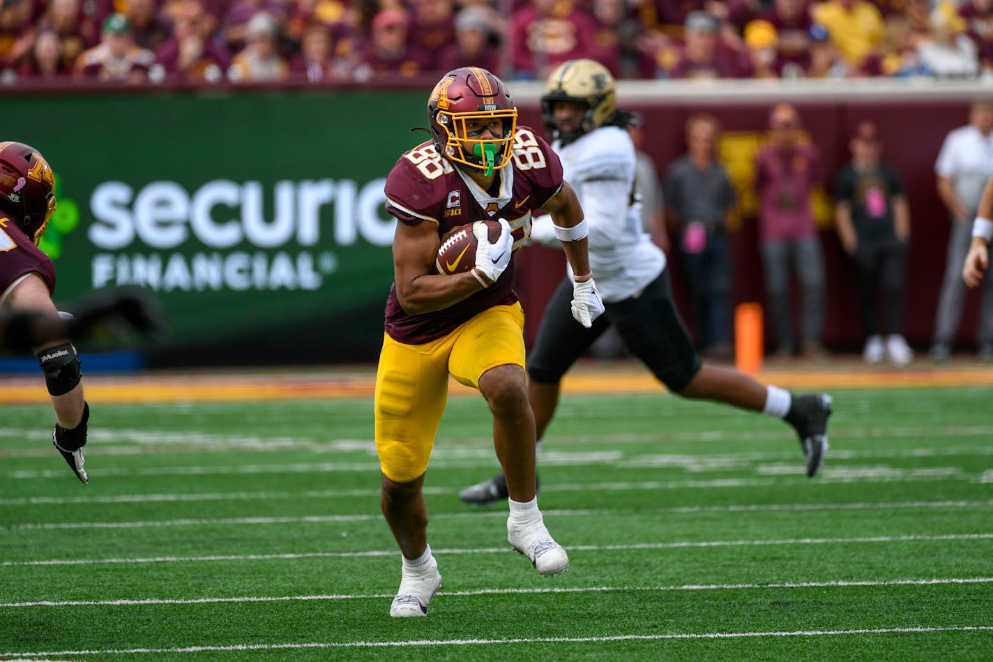 Minnesota tight end Brevyn Spann-Ford in action against Purdue during the first half an NCAA college football game on Saturday, Oct. 1, 2022, in Minneapolis. Purdue won 20-10. (AP Photo/Craig Lassig)