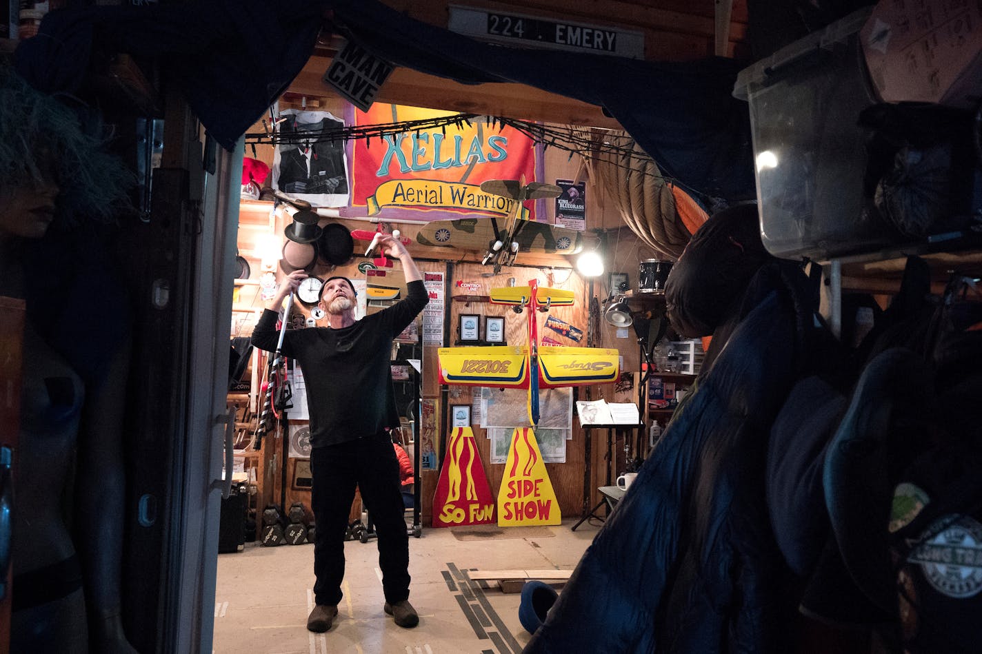 In his backyard workshop which he refers to as the Nut House, Sean Emery has space to devise and practice his clown tricks.