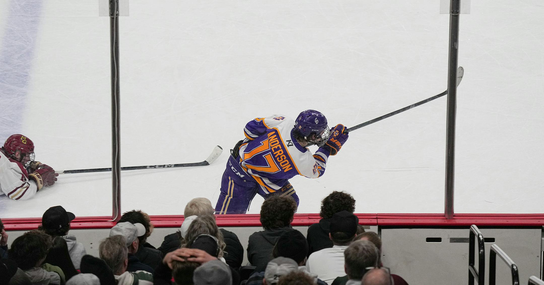 Cretin-Derham Hall forward Max Anderson (17) slaps an empty net goal in the third period.