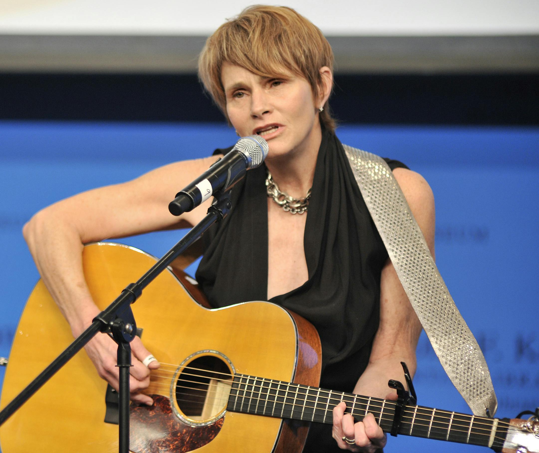 Shawn Colvin plays a Leonard Cohen song after as Cohen was honored at the John F. Kennedy Presidential Library and Museum in Boston, Sunday, Feb. 26, 2012. Cohen and Chuck Berry were awarded the first PEN New England Awards for Song Lyrics of Literary Excellence at the event, which was attended by Keith Richards, Elvis Costello, and Paul Simon. (AP Photo/Josh Reynolds) ORG XMIT: MACR125