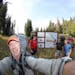 Friends, including Brad Johnson, far right, on the first day of their hike Sunday in the Beartooth Mountains. From left, Todd Green, Tom Therrien and 