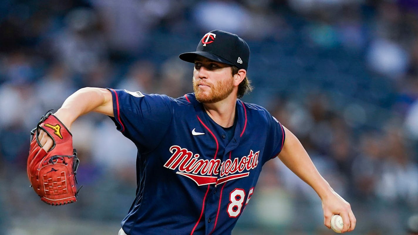 Minnesota Twins' Charlie Barnes delivers a pitch during the first inning of a baseball game against the New York Yankees Friday, Aug. 20, 2021, in New York. (AP Photo/Frank Franklin II)