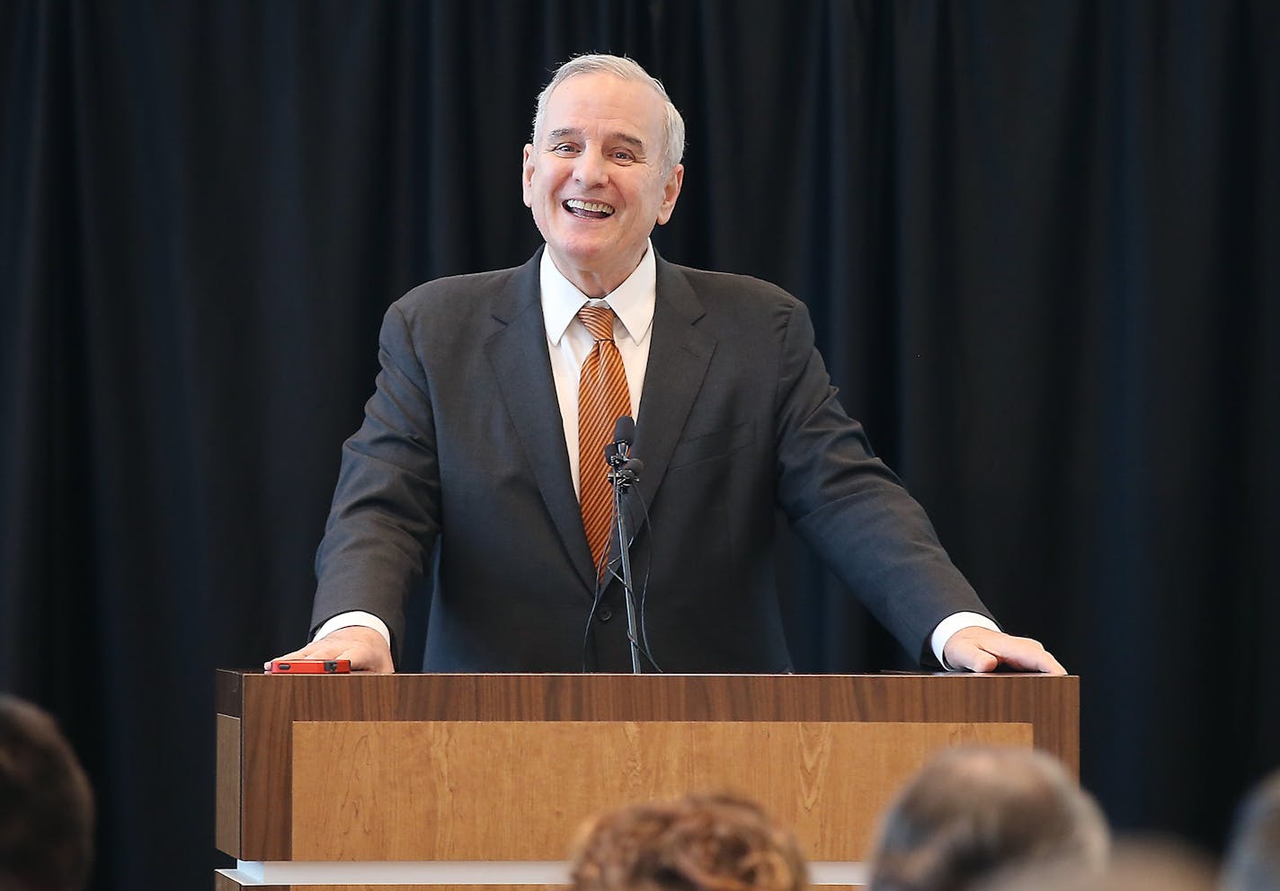 Governor Mark Dayton laughed after he said he was in a better place now than he was 24 hours ago after being introduced at the STEP-UP Achieve Annual Partners Breakfast at Target Field on Tuesday.