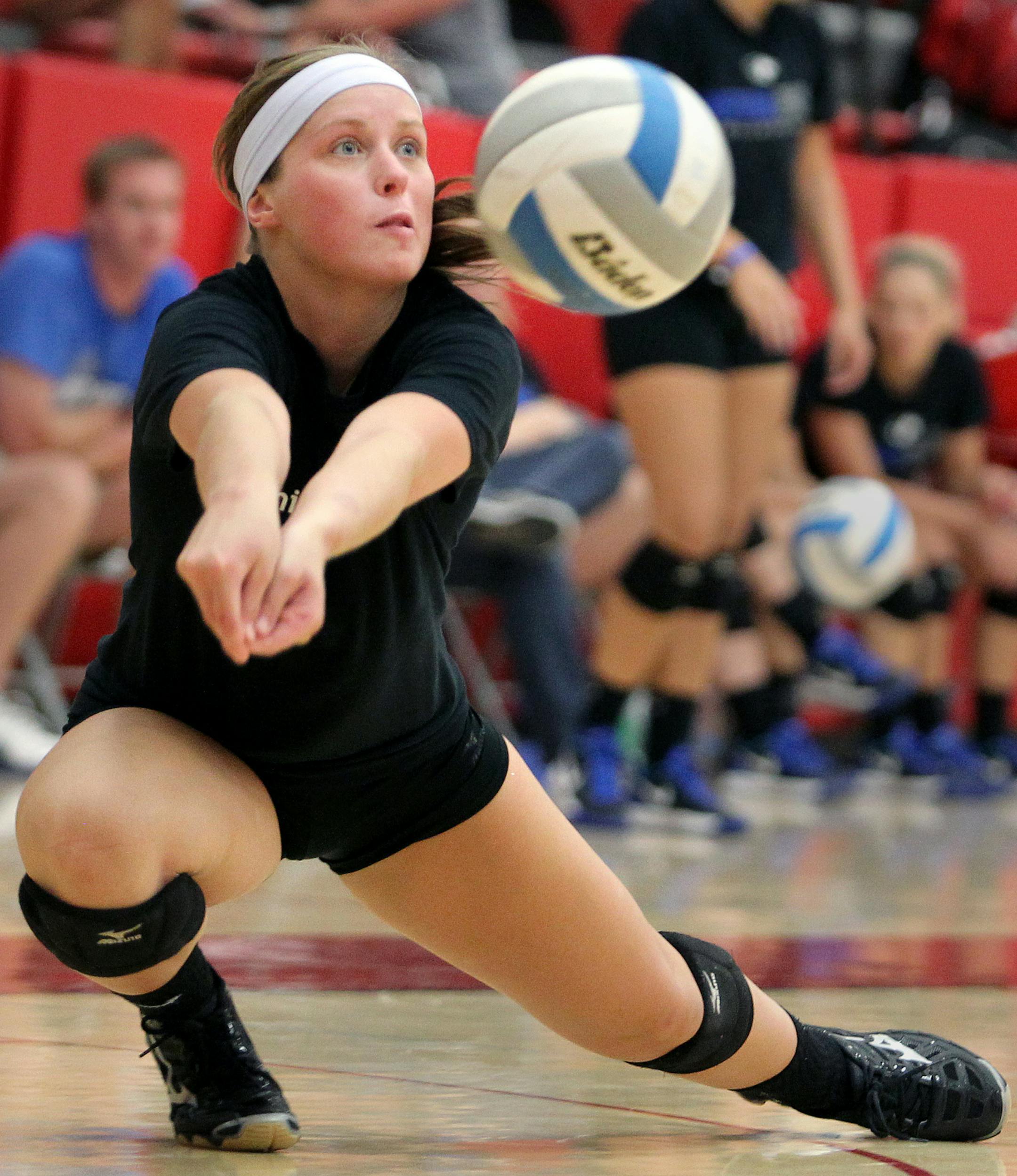 Taylor Schile, a senior at Eastview High School, plays during a volleyball scrimmage at North St. Paul High School in North St. Paul, Minn., on Tuesday, August 20, 2013. ] (ANNA REED/STAR TRIBUNE) anna.reed@startribune.com (cq)