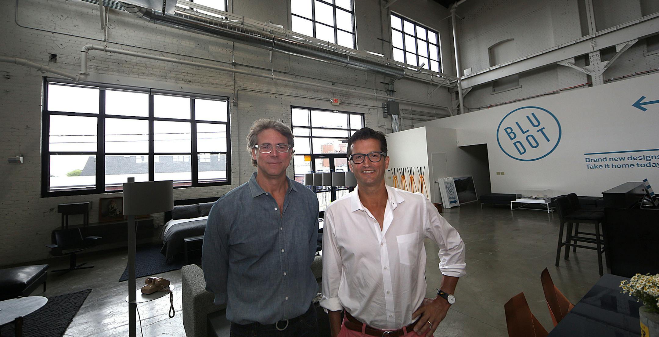Maurice Blanks (left) and John Christakos are Blu Dotís co-founders. ] JIM GEHRZ ï james.gehrz@startribune.com / Minneapolis, MN / July 16, 2015 / 11:00 AM ñ BACKGROUND INFORMATION: Local modern furniture manufacturer Blu Dot opens its first outlet store. The Minneapolis store will feature discounted items as well as most of the full-priced line. Co-founder John Christakos talks about his company's growth.