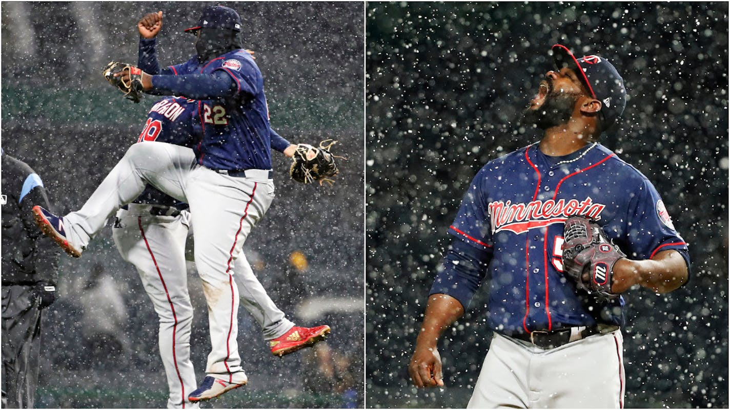 Miguel Sano and Logan Morrison (left) celebrated after the Twins beat Pittsburgh 7-3 on a cold, snowy night in Pittsburgh while closer Fernando Rodney caught snowflakes in his mouth.