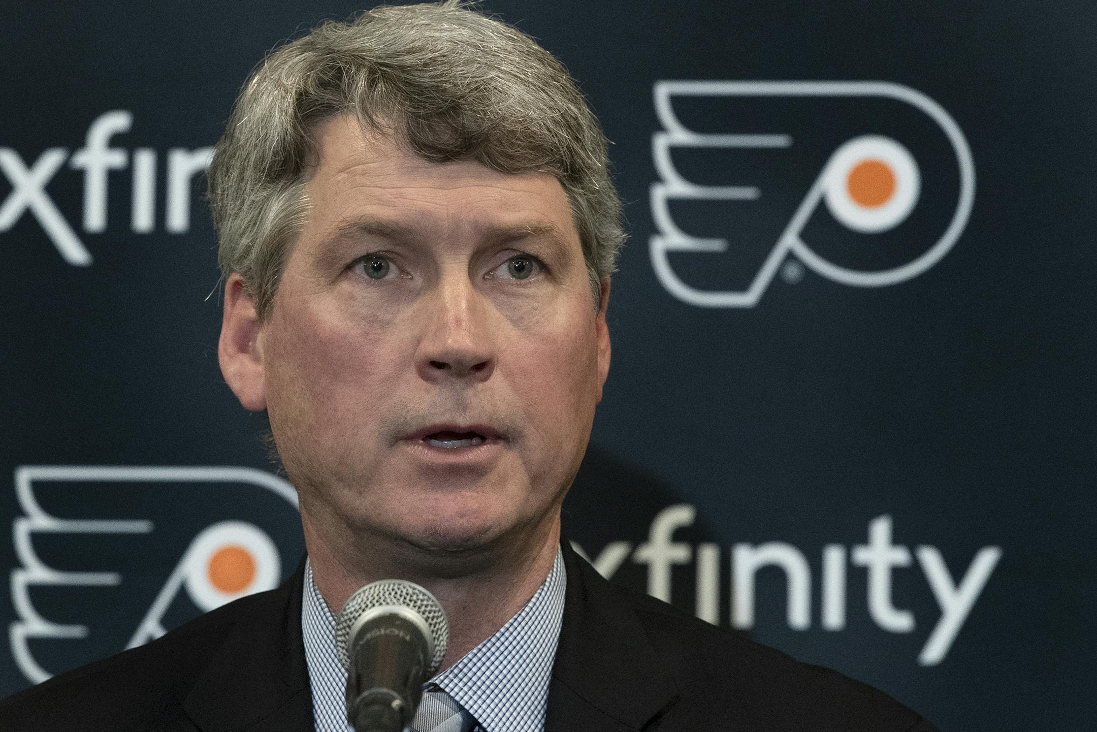 New Philadelphia Flyers NHL hockey team general manager Chuck Fletcher speaks to the media during a press conference at the Flyers practice facility in Voorhees, N.J., Wednesday, Dec. 5, 2018. (Jose F. Morena/The Philadelphia Inquirer via AP)