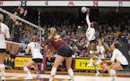 Gophers Stephanie Samedy(10), went for a hit in the third set during their match up against Purdue at Maturi Pavilion in Minneapolis, Minn., on Sunday