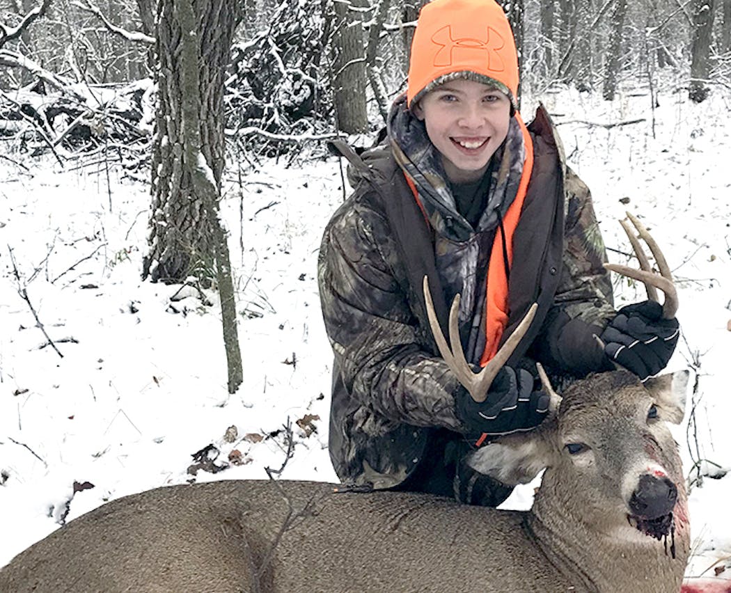 Hunter Fox, 11, of Plymouth took his first buck at 8:30 a.m. on opening day. He was hunting with his father, Andy, in Ottertail County. It was a clean kill at 35 yards.