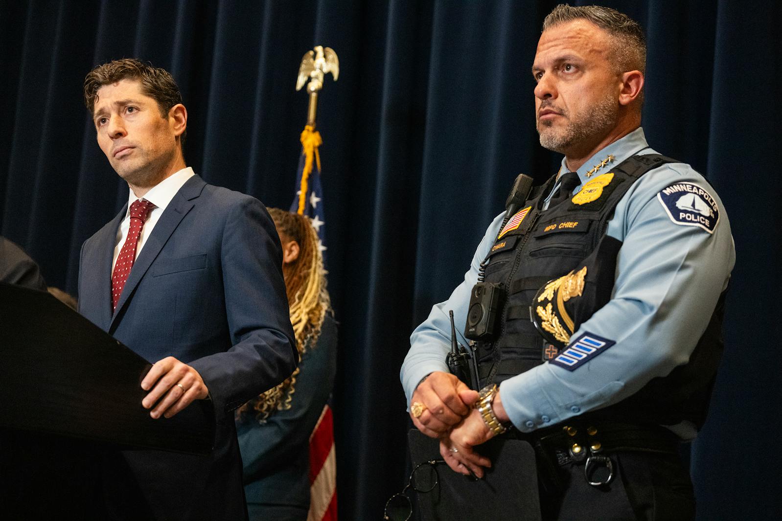 Minneapolis Mayor Jacob Frey and Police Chief Brian O’Hara address the dismissal of the federal consent decree on May 21.