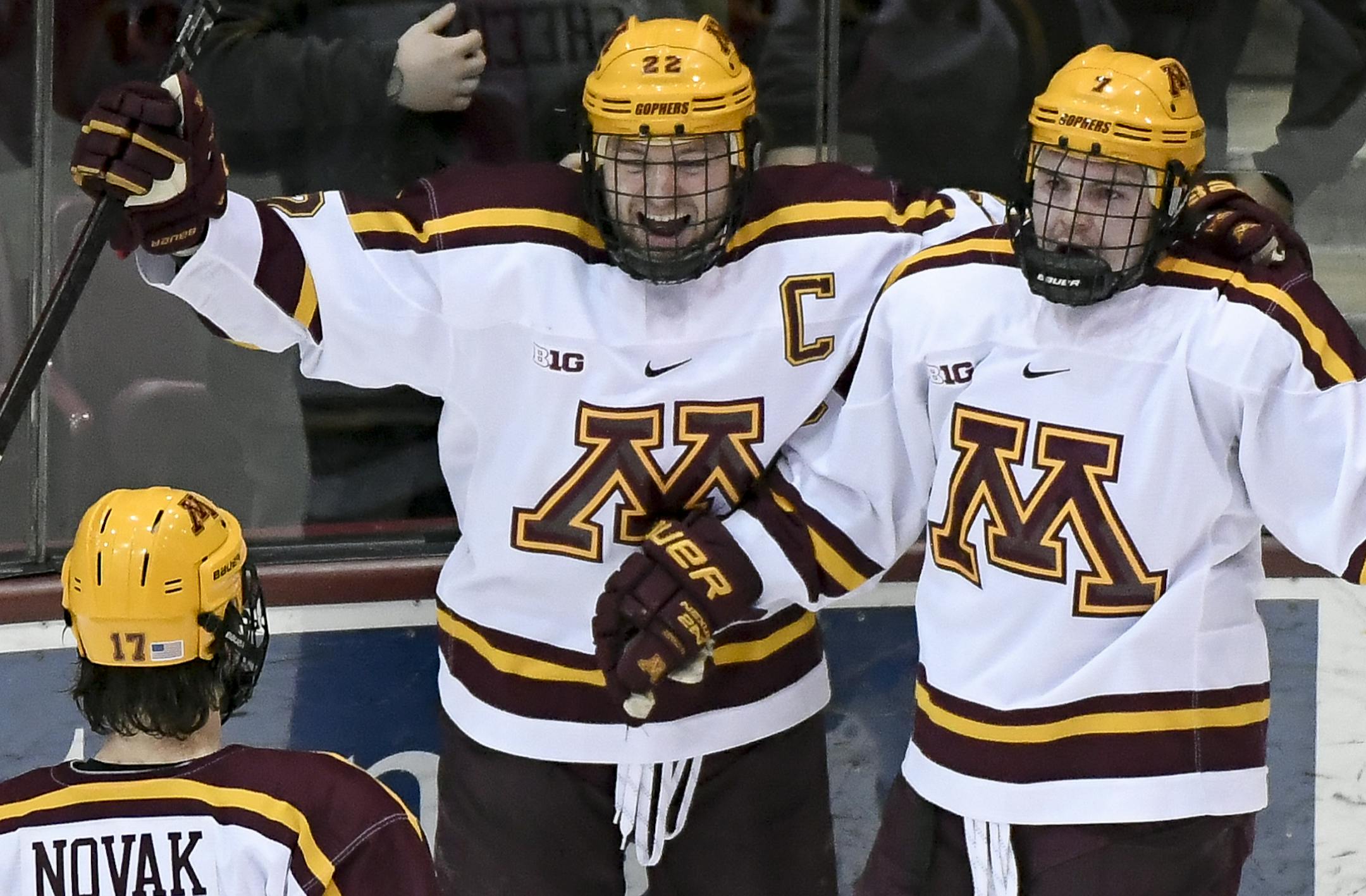 Teammates, including forward Minnesota's Tommy Novak (17), forward Tyler Sheehy (22), forward Brannon McManus (7) and forward Brent Gates Jr. (10) celebrated the game-winning goal by McManus in overtime. ] Aaron Lavinsky ¥ aaron.lavinsky@startribune.com The University of Minnesota Golden Gophers played the Michigan Wolverines on Friday, March 8, 2019 at the 3M Arena at Mariucci in Minneapolis, Minn.