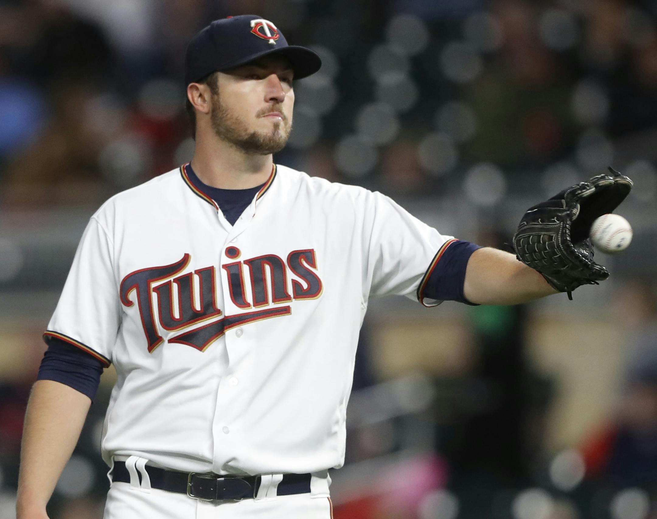 Minnesota Twins starting pitcher Phil Hughes (45) reacts after giving up a two run homer to Cleveland Indians second baseman Jose Ramirez (11) in the third inning at Target Field