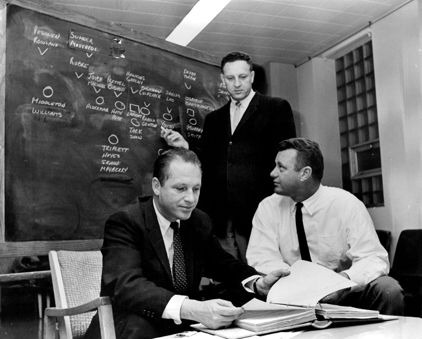 November 28, 1961: Joe Thomas (Rear), Bert Rose (L) And Norm Van Brocklin (R) evaluate Vikings talent 11 months after their first NFL draft.