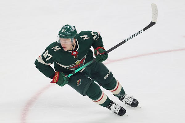 Minnesota Wild's Kirill Kaprizov (97) skates during the first period of an NHL hockey game against the New York Islanders, Sunday, Nov. 7, 2021, in St