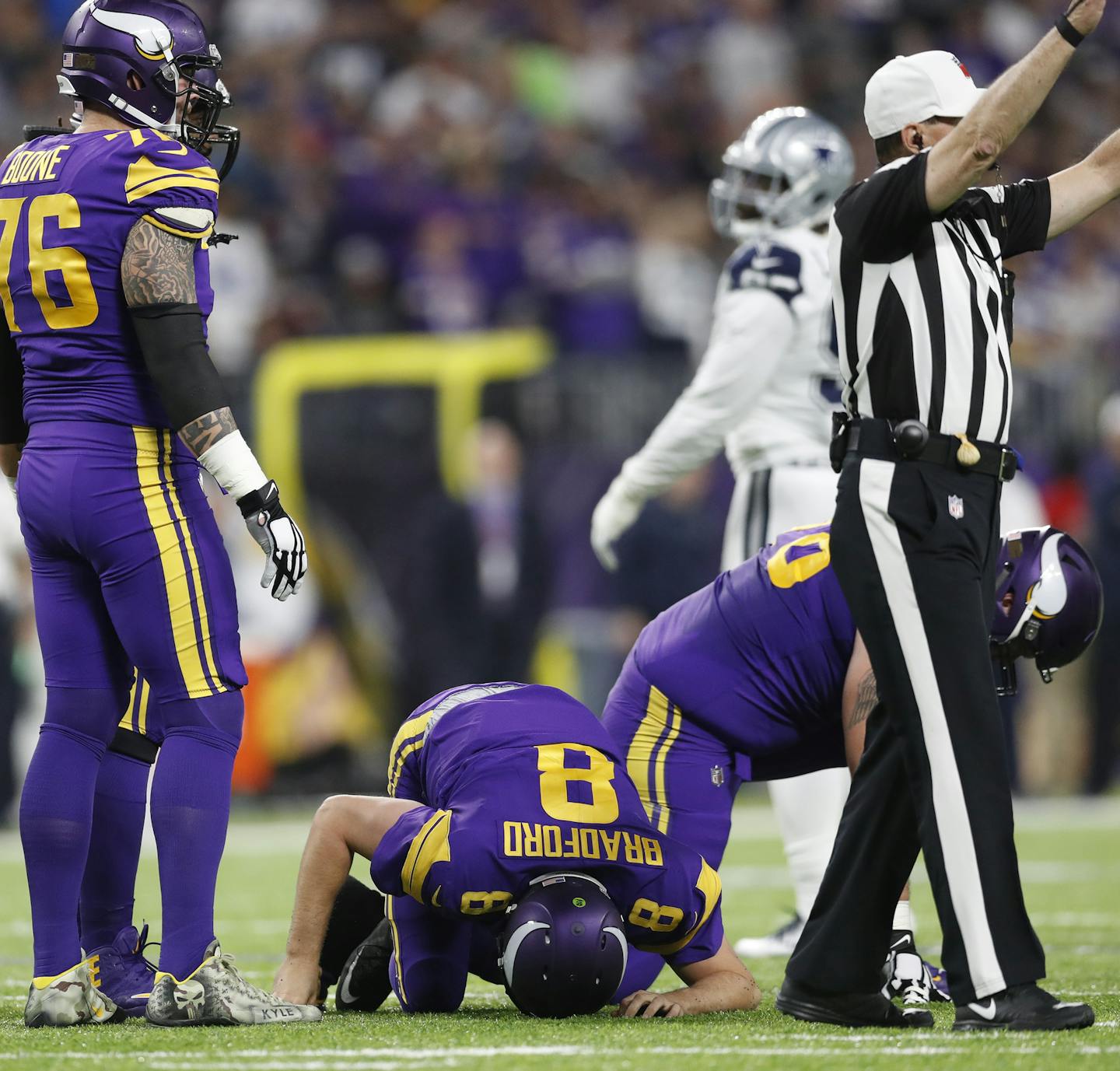 Minnesota Vikings quarterback Sam Bradford (8) was hurt on this play in the second quarter at U.S. Bank Stadium Thursday December 01,2016 in Minneapolis MN. The Minnesota Vikings hosted the Dallas Cowboys ] Jerry Holt / jerry. Holt@Startribune.com