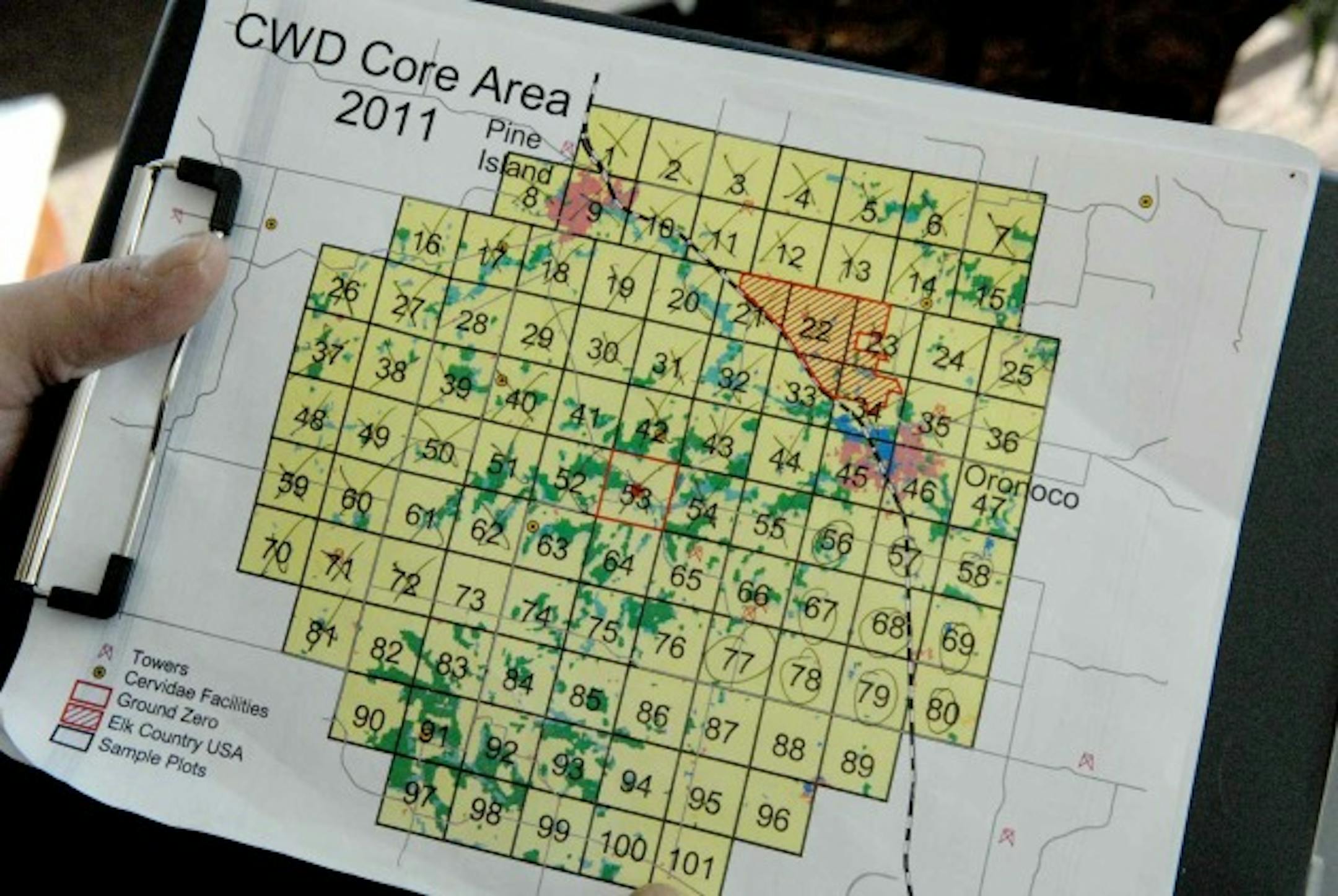 A special map developed by the DNR shows a CWD "core area'' established in an approximately 5-mile radius from where a wild deer was killed by an archer in November that was infected with chronic wasting disease. The deer was killed in quadrant 53, shown in the center of the map. The area designated to the upper right, in all or parts of quadrants 21, 22, 23, 33 and 34, is the site of a large captive elk farm that was shut down two years ago after CWD was found in animals there.
