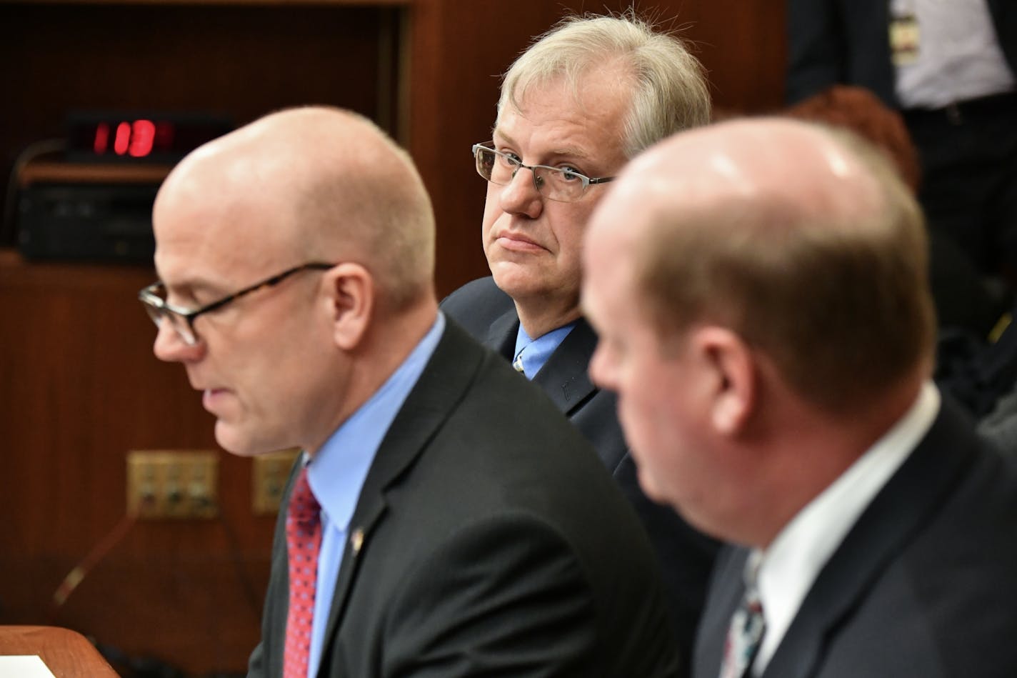 Rep. Tim Miller, R-Prinsburg, sponsor of a bill to reopen the private prison in Appleton spoke before the committee. Speaking in favor of the bill were Gary Hendrickx, Swift County Commissioner, center and Appleton Mayor Chad Syltie, right.