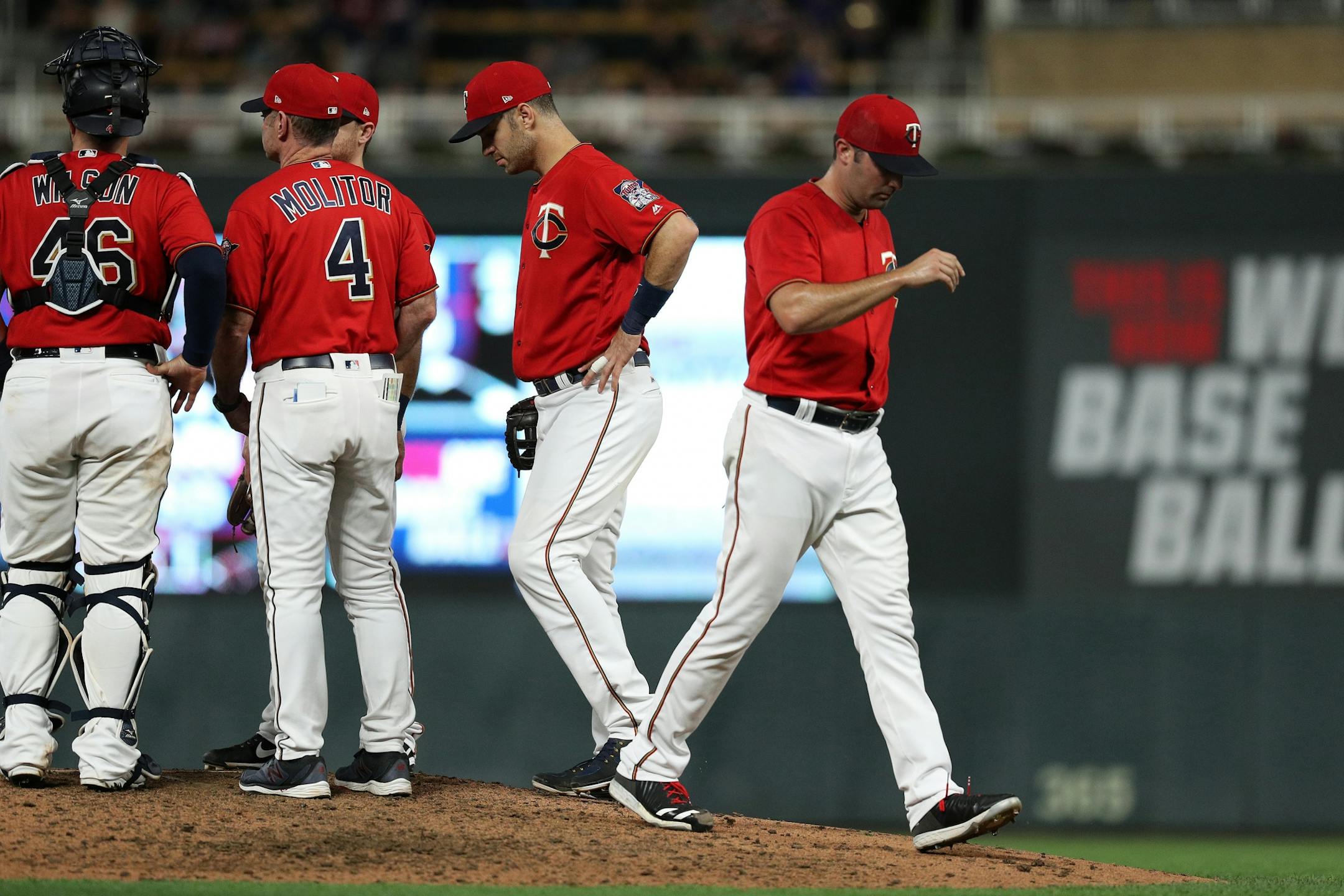 Minnesota Twins pitcher Matt Magill (68) was pulled from the game after he was unable to get the final out in the ninth inning.