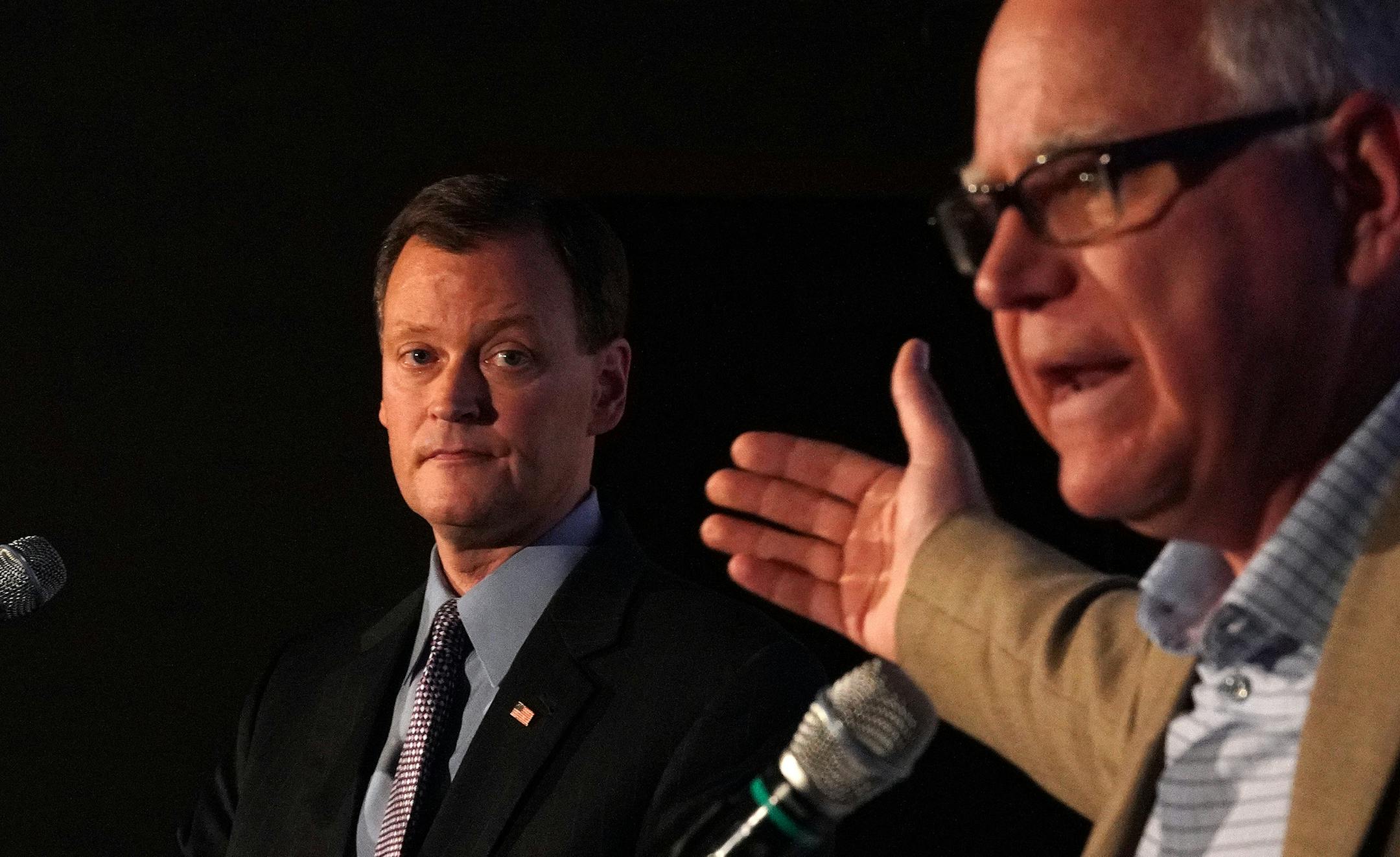 Minnesota gubernatorial candidate Hennepin County Commissioner Jeff Johnson, republican, along with Congressman Tim Walz, DFL, participated in the &#xec;Greater Minnesota Debate&#xee; in Willmar. ] ANTHONY SOUFFLE &#xef; anthony.souffle@startribune.com Minnesota gubernatorial candidates Hennepin County Commissioner Jeff Johnson and Congressman Tim Walz participated in the &#xec;Greater Minnesota Debate&#xee; Tuesday, Oct. 9, 2018 at the MinnWest Technology Campus in Willmar, Minn.