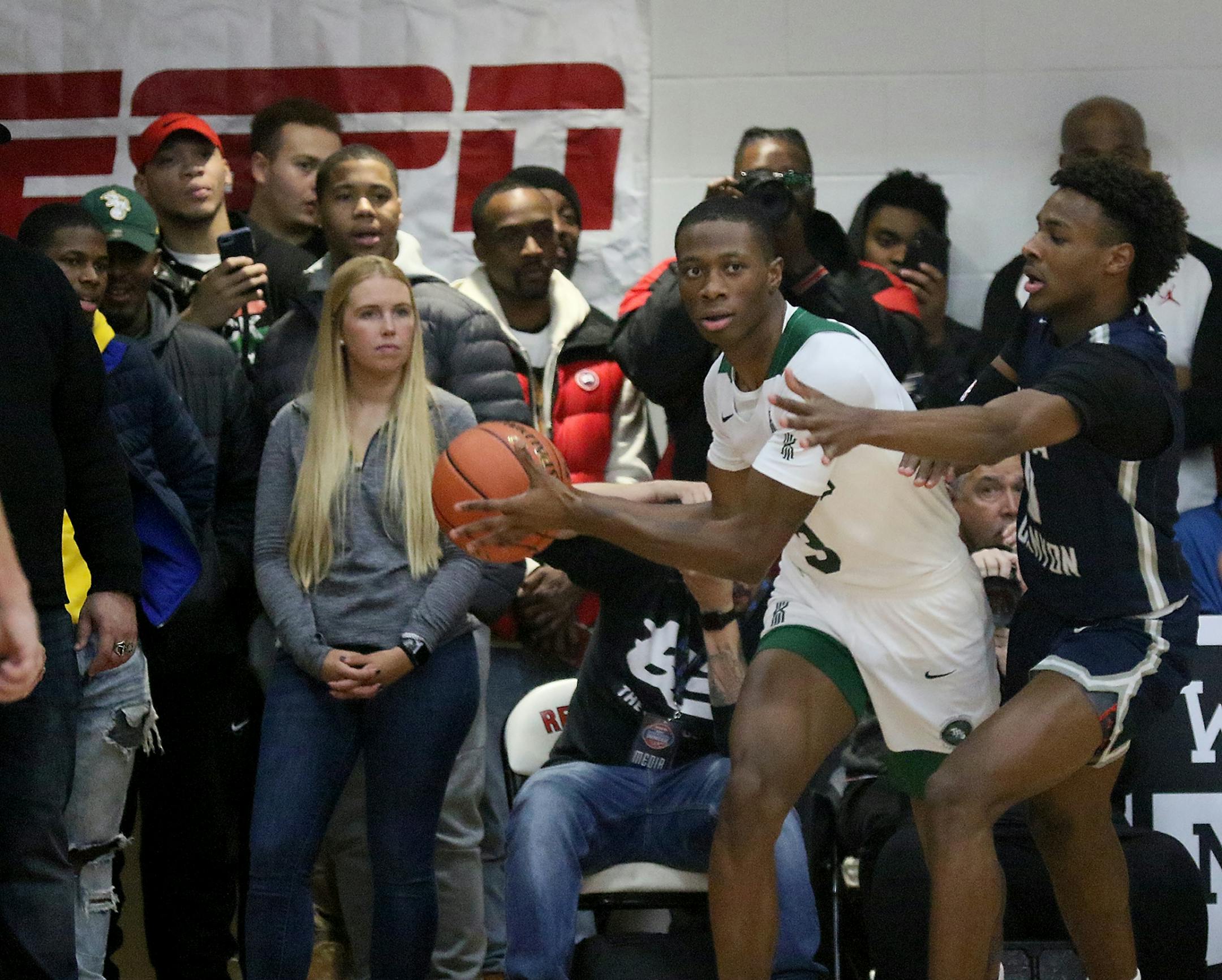 Bronny James, right, of Sierra Canyon, played defense on a Patrick School player Friday, Jan. 3, 2020, at Minnehaha Academy in Minneapolis MN.