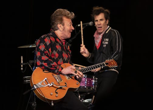 Brian Setzer with drummer Slim Jim Phantom of the Stray Cats early in their performance Sunday night at the Island Event Center in Welch. ] JEFF WHEELER &#x2022; jeff.wheeler@startribune.com The Stray Cats brought their 40th Anniversary Tour to the Island Event Center at Treasure Island Resort and Casino in Welch Sunday night, August 18, 2019.The James Hunter Duo opened.