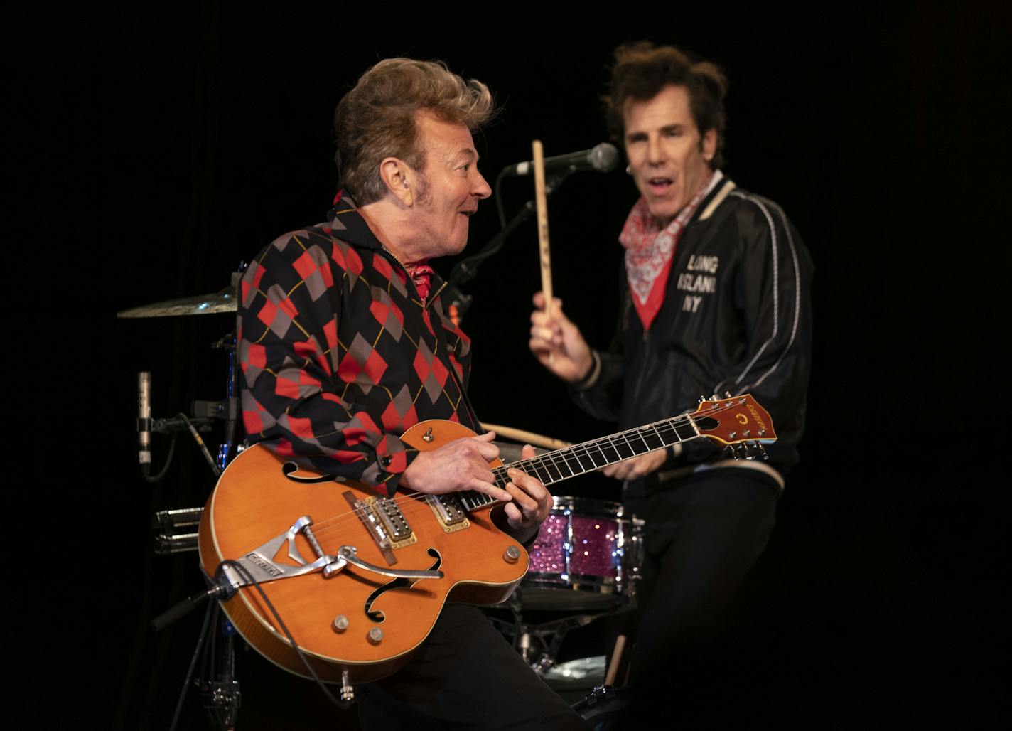 Brian Setzer with drummer Slim Jim Phantom of the Stray Cats early in their performance Sunday night at the Island Event Center in Welch. ] JEFF WHEELER &#x2022; jeff.wheeler@startribune.com The Stray Cats brought their 40th Anniversary Tour to the Island Event Center at Treasure Island Resort and Casino in Welch Sunday night, August 18, 2019.The James Hunter Duo opened.