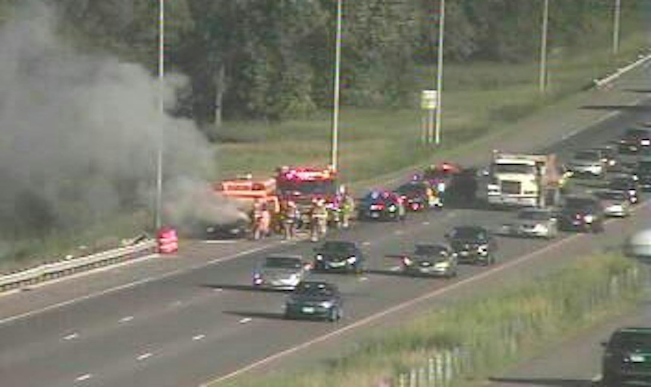 A school bus with no children caught fire on Hwy. in Coon Rapids.