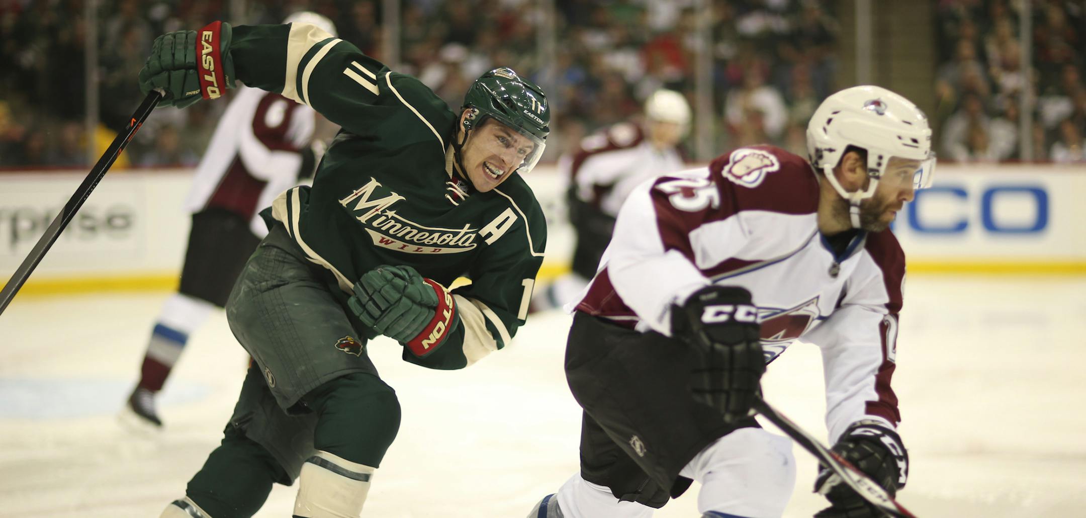 Minnesota Wild left wing Zach Parise (11) pursued Avalanche center Maxime Talbot (25) as he headed out of the Colorado zone with the puck in the third period. ] JEFF WHEELER &#x201a;&#xc4;&#xa2; jeff.wheeler@startribune.com The Minnesota Wild beat the Colorado Avalanche 1-0 in overtime in Game 3 of their NHL playoff series Monday night, April 21, 2014 at Xcel Energy Center in St. Paul.