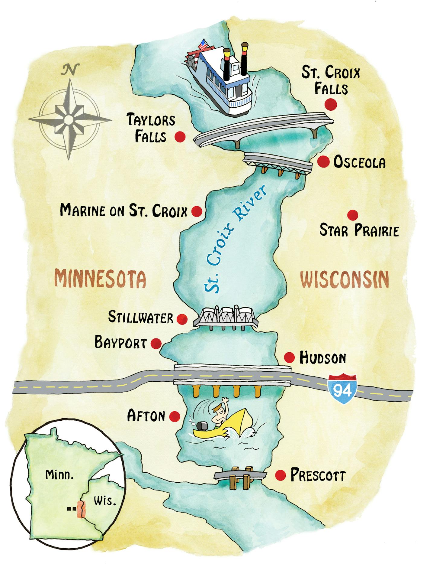 Map locating towns visited by Rick Nelson as he tries restaurants arounf the St. Croix River Valley.