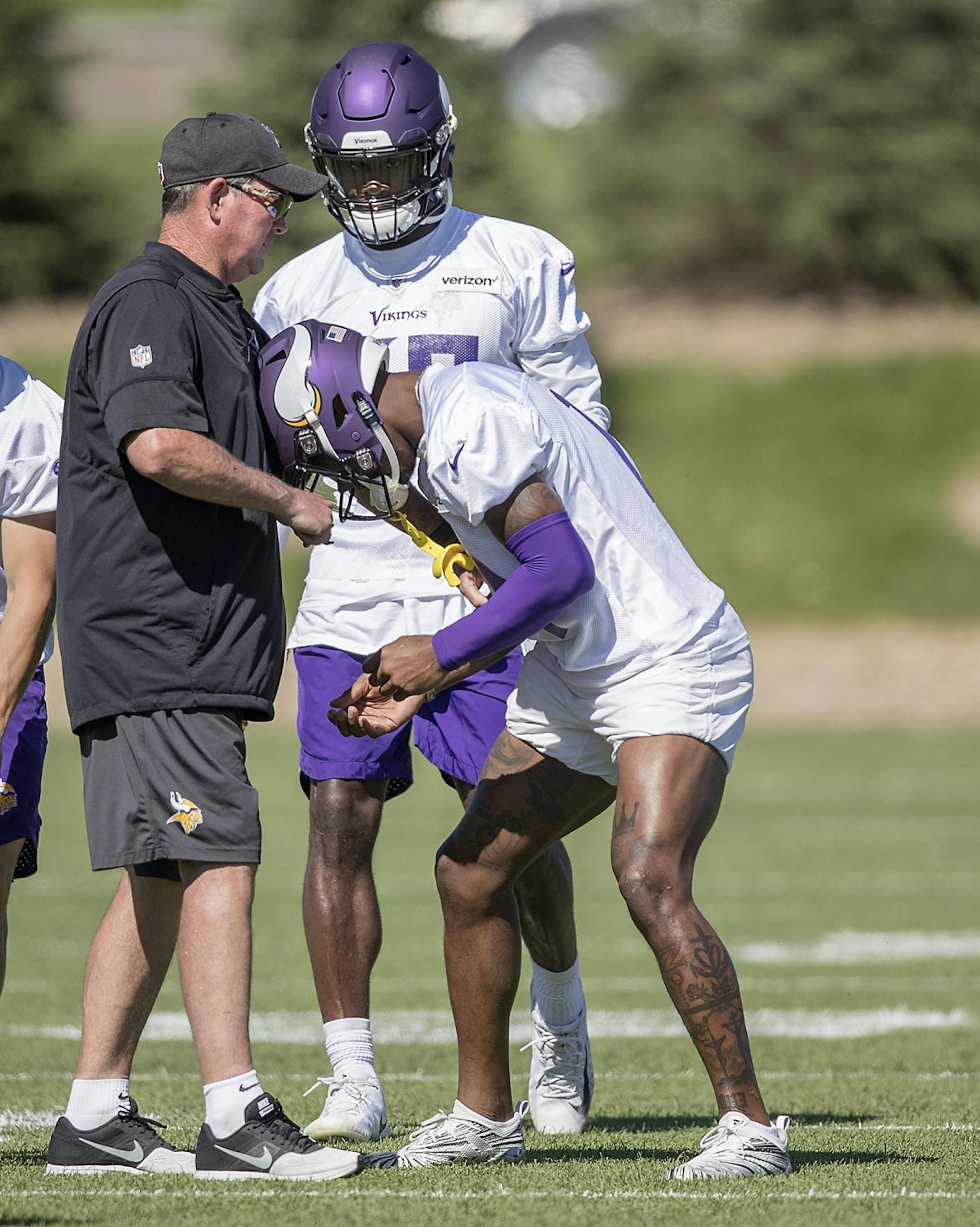 Vikings wide receiver Stefon Diggs played around with Head Coach Mike Zimmer on the field during a mandatory Vikings three-day minicamp at the TCO Performance Center, June 13, 2018 in Eagan, MN.