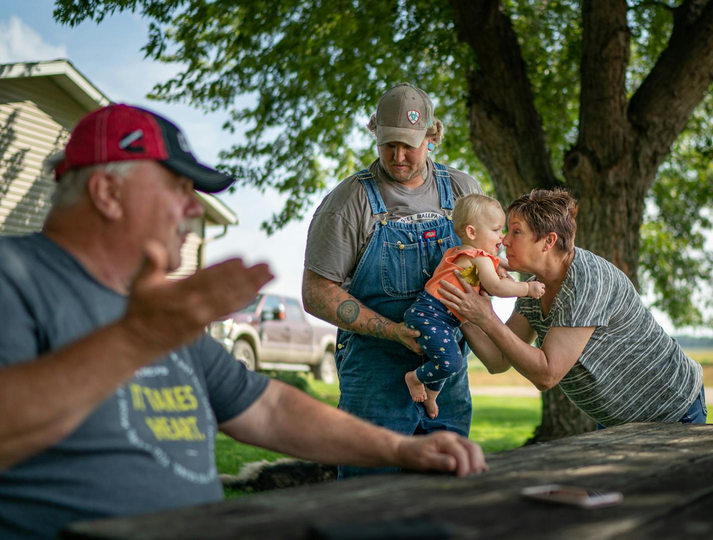 Mary Waibel rubbed noses with her granddaughter Elliott, 1, as she took her from her son Jonathan. Her husband Tim Waibel is on the left. They grow corn and soybeans on their farm in Courtland, Minn. ] GLEN STUBBE &#x2022; glen.stubbe@startribune.com Friday, September 20, 2019 Nicollet County is one of 19 "pivot counties" in Minnesota (and 206 nationwide) that in presidential elections voted Obama, Obama, Trump. In 2018, it was one of seven in the state that flipped back to Democrats in races fo