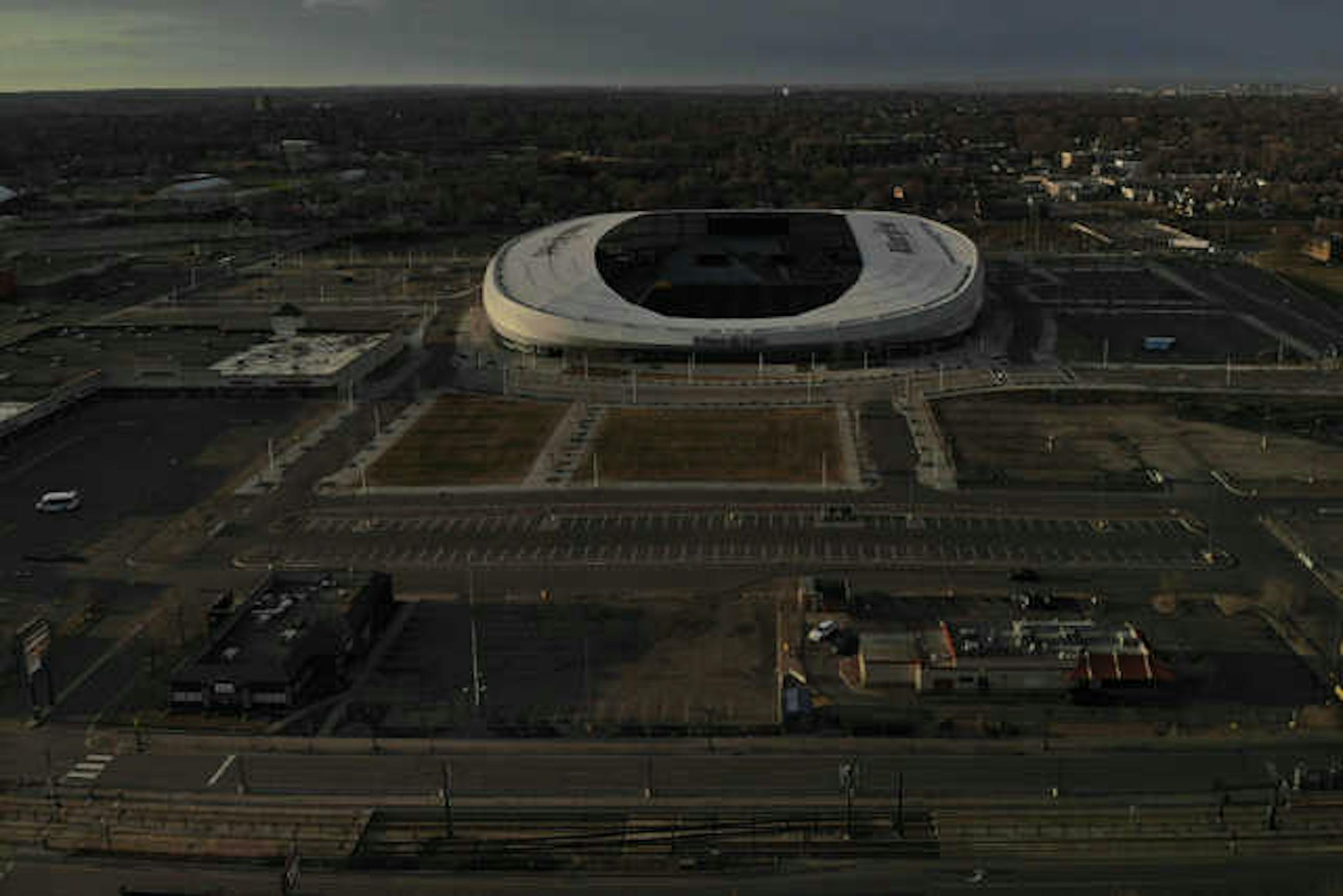 Allianz Field, home of Minnesota United, appeared in the background of an unusually quiet University Avenue in St. Paul during the morning rush hour commute on April 1.