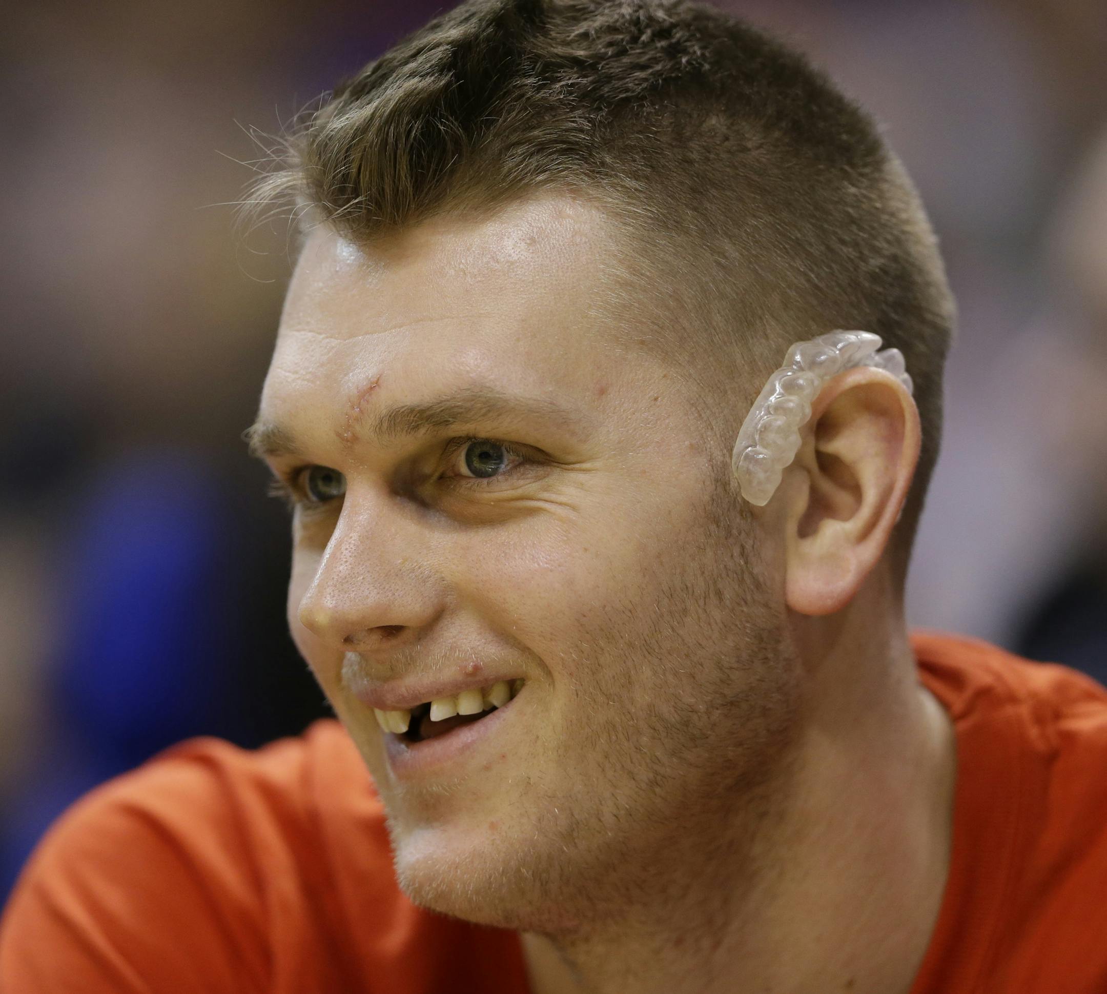 Los Angeles Clippers center Cole Aldrich (45) on the bench during the second half of an NBA basketball game against the Indiana Pacers in Indianapolis, Tuesday, Jan. 26, 2016. The Clippers defeated the Pacers 91-89. (AP Photo/Michael Conroy) ORG XMIT: NAF10