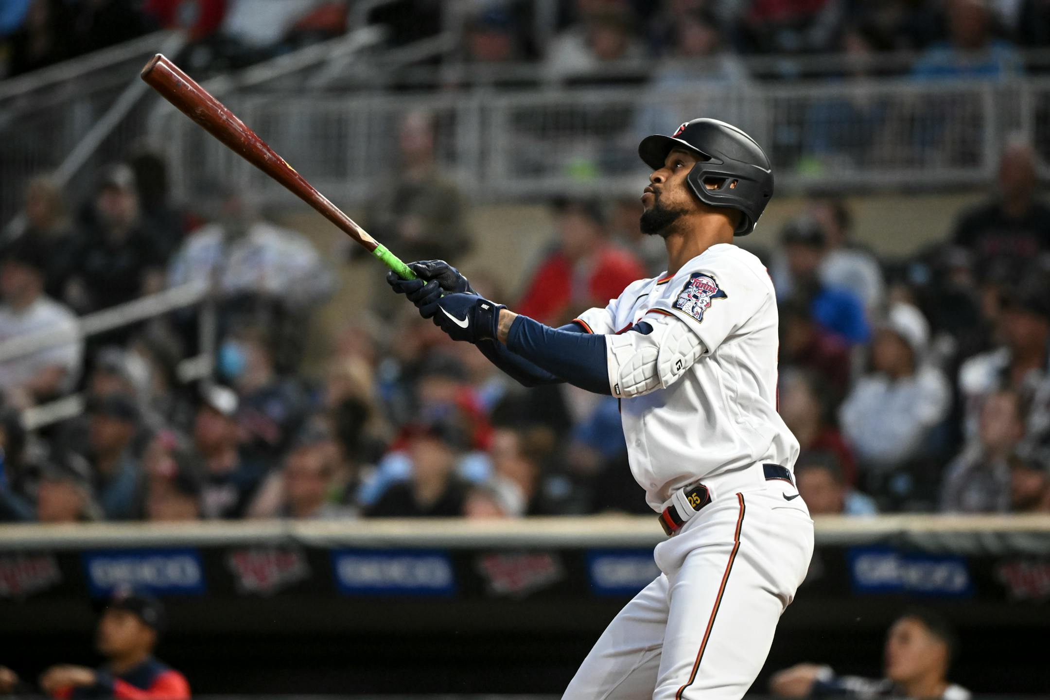 Minnesota Twins designated hitter Byron Buxton (25) hits a home run against the Oakland Athletics in the bottom of the fifth inning.
