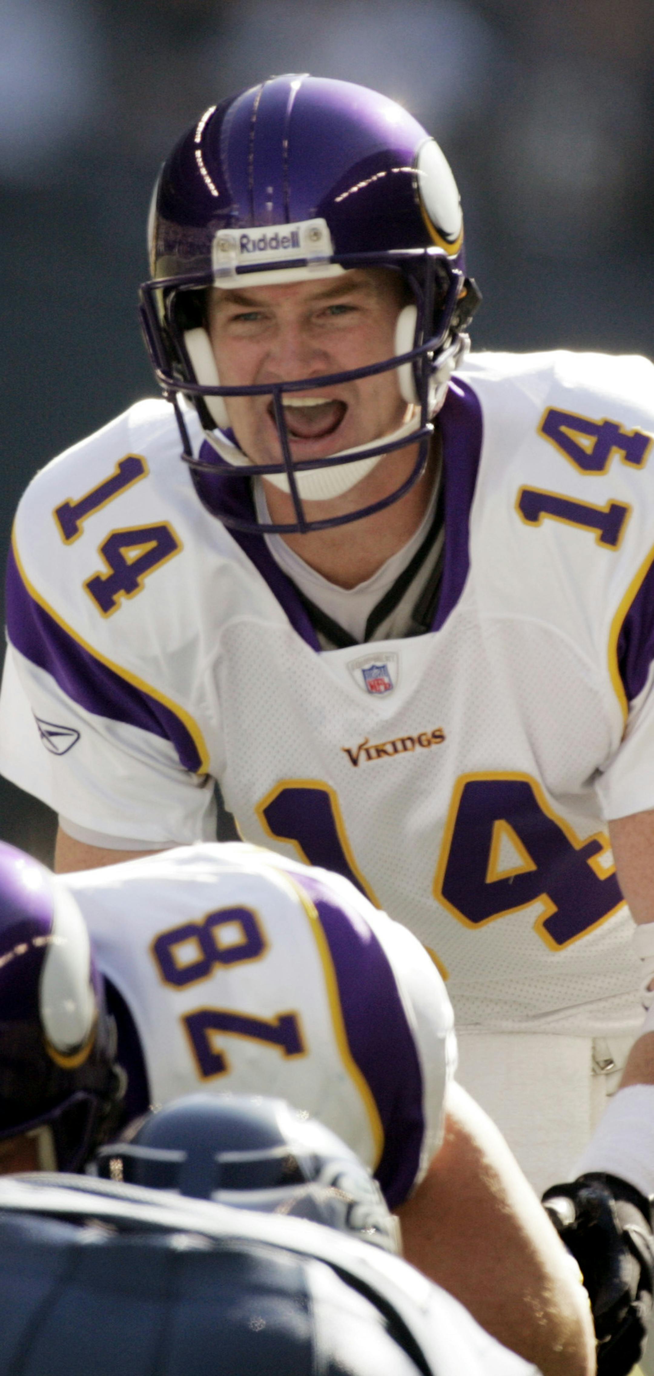 Minnesota Vikings quarterback Brad Johnson yells out from the line of scrimmage against the Seattle Seahawks in the first quarter in a football game Sunday, Oct. 22, 2006, in Seattle. (AP Photo/Elaine Thompson) ORG XMIT: SEA114