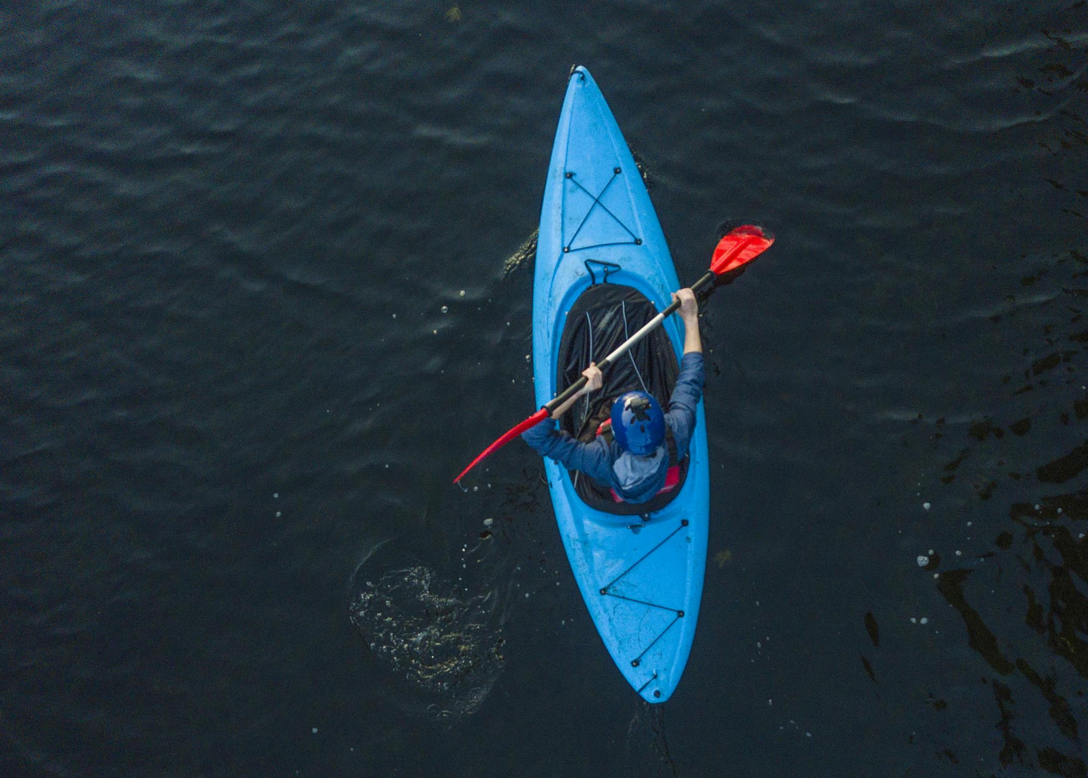 Aerial view of a kayaker on a river, Dublin, Ireland.