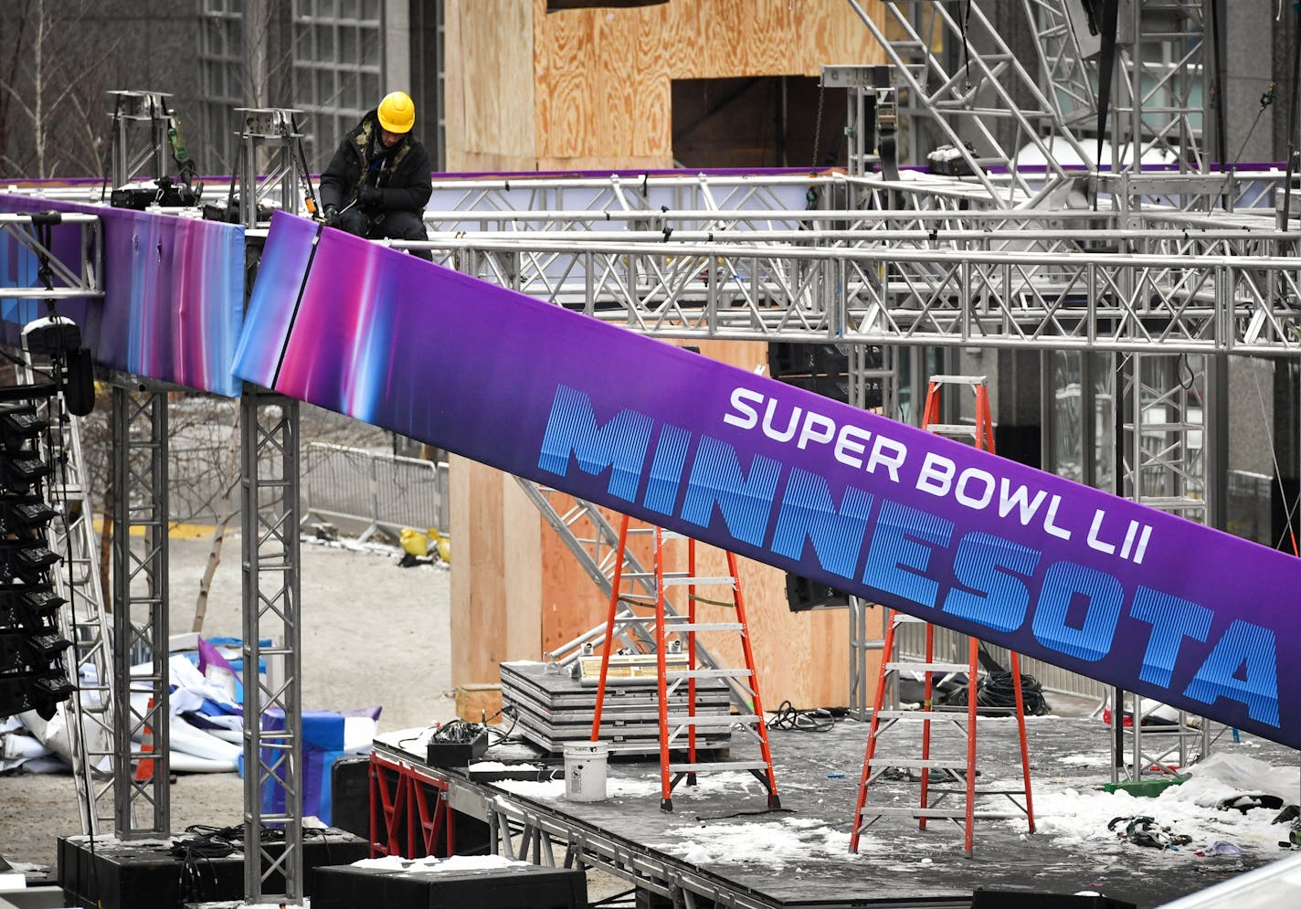 Super Bowl banners came down from the main stage at Nicollet Mall.