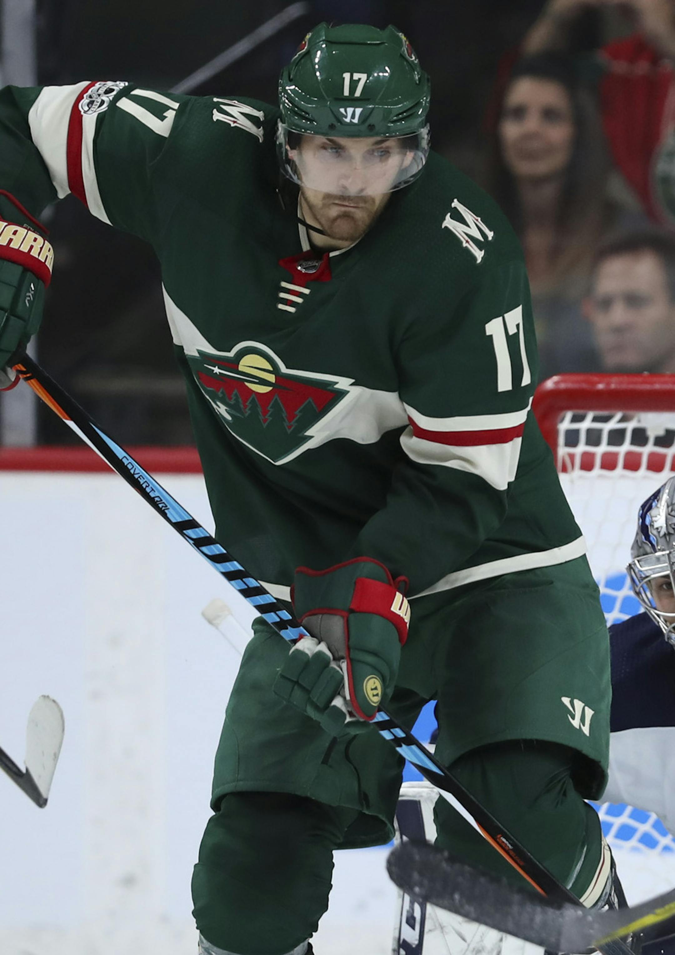 Minnesota Wild left wing Marcus Foligno (17) tried to deflect an incoming shot in front of Winnipeg Jets goalie Connor Hellebuyck. ] JEFF WHEELER ï jeff.wheeler@startribune.com The Minnesota Wild beat the Winnipeg Jets 1-0 in an NHL preseason game Thursday night, September 21, 2017 at Xcel Energy Center in St. Paul.