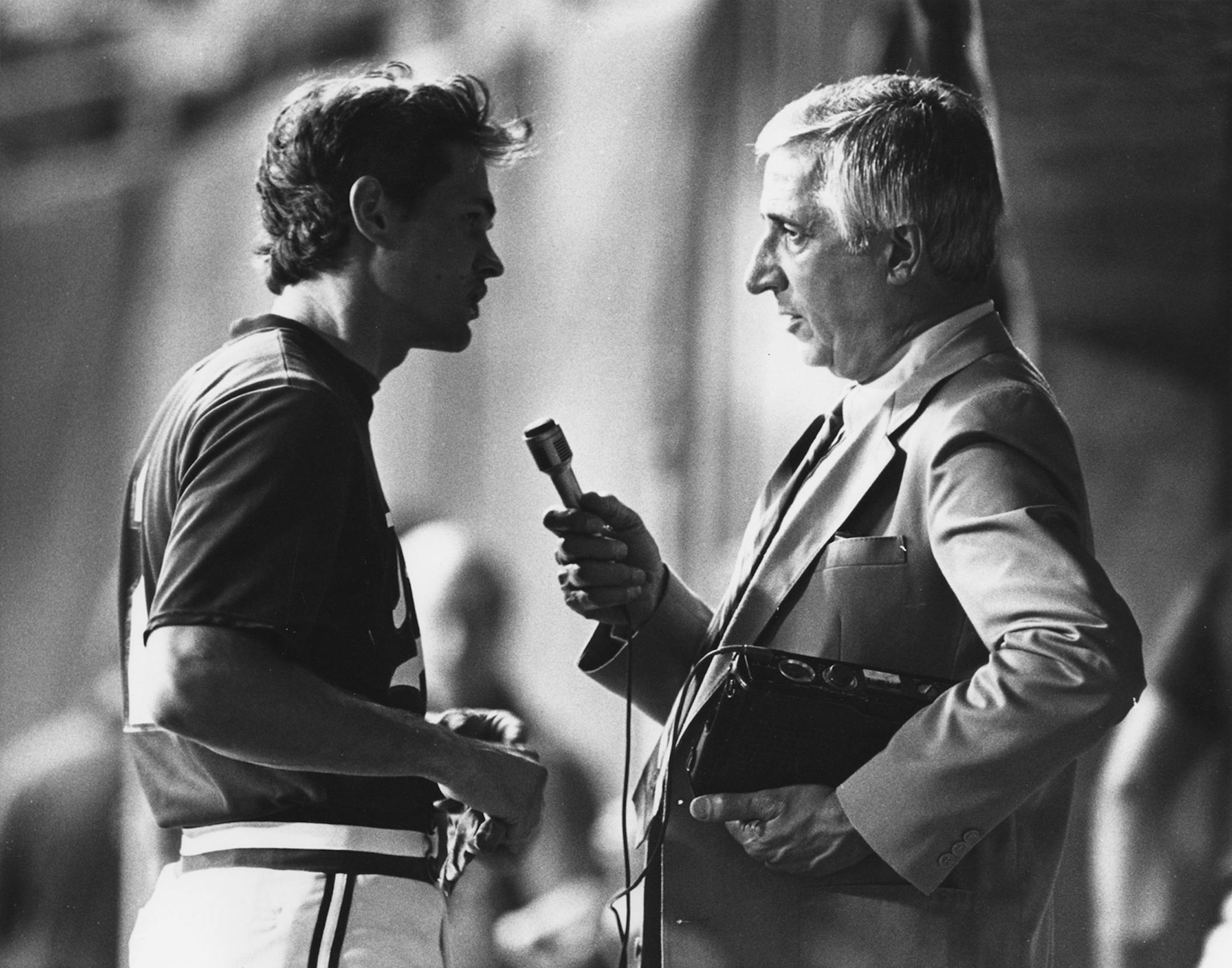 John Castino, left, Sid Hartman in September, 1982.