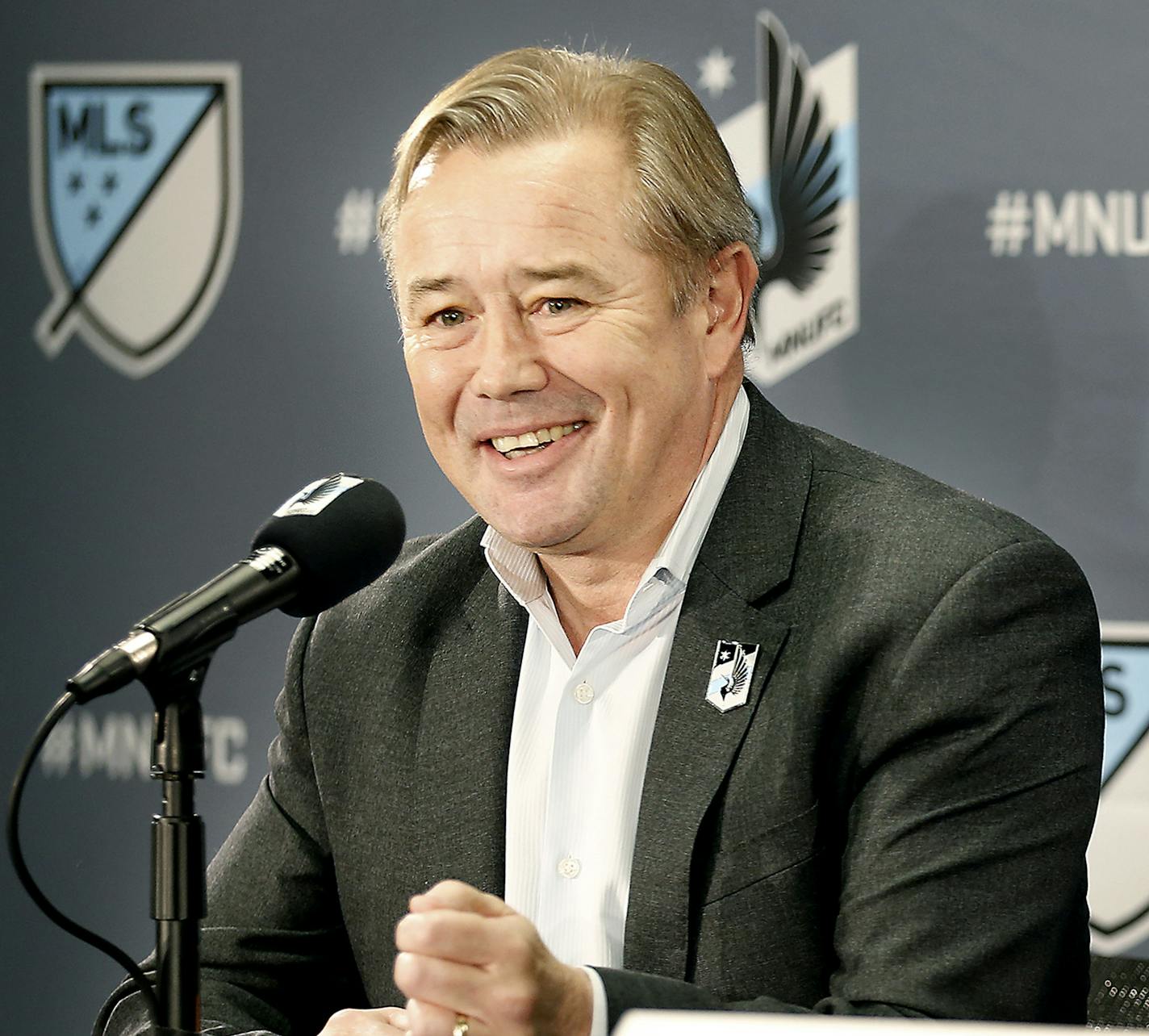 New Minnesota United head coach Adrian Heath fields questions during a press conference on Tuesday, Nov. 29, 2016 in Golden Valley, Minn. (Elizabeth Flores/Minneapolis Star Tribune/TNS)