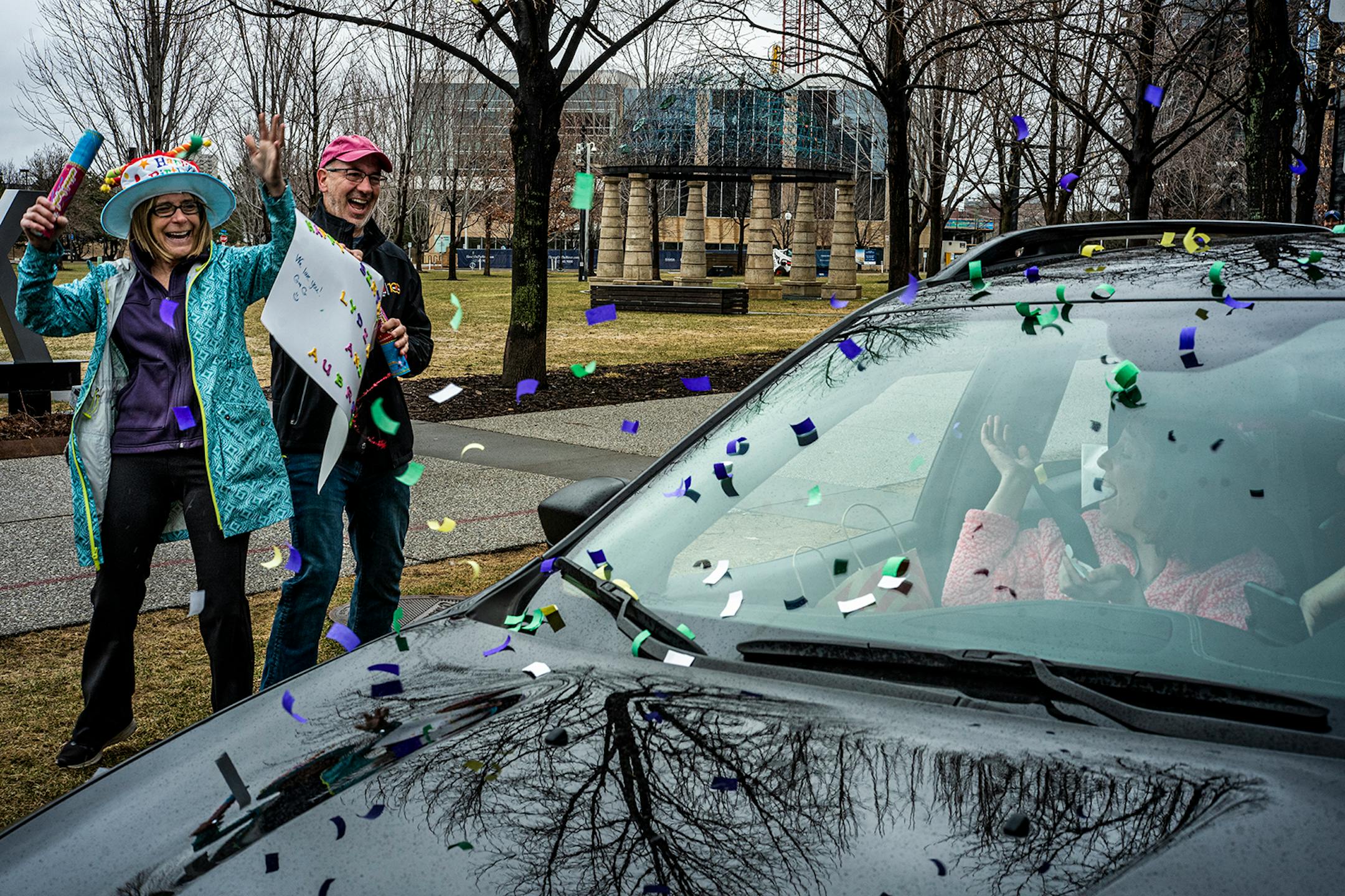 Kathy and Jim Bishop help celebrate the birthdays of their grandkids Aubrey, 3, and Lydia, 9. Parents Kathy (in front seat) and Jim (not pictured) Bishop helped organize a treasure hunt that was social distancing friendly.
