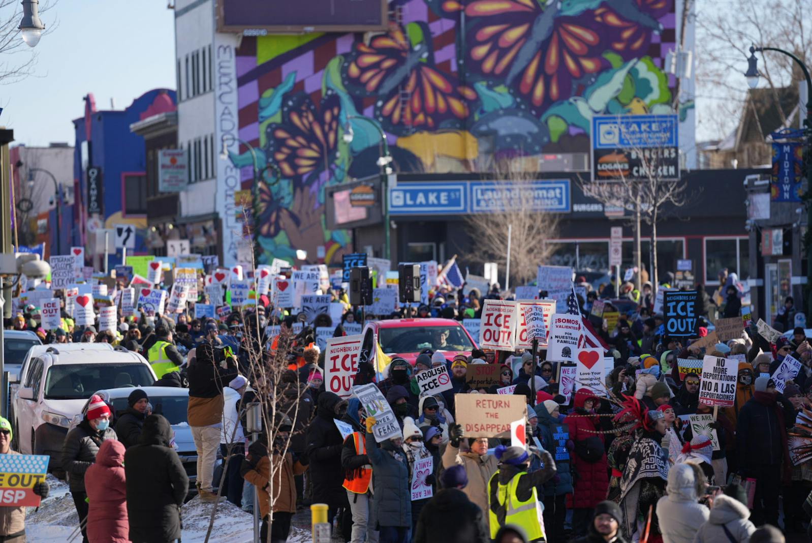 A large mass of protesters  gather on E. Lake Street in Midtown Minneapolis, Minn. on Saturday, Dec. 20, 2025. The protest is part of an anti-Immigration and Customs Enforcement march.  