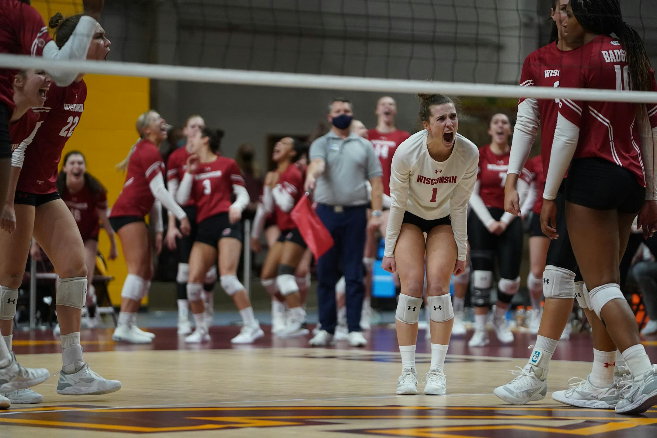 The Wisconsin Badgers Lauren Barnes(1) reacts to a point against the Minnesota Gophers Minneapolis, Minn., on Sunday, Nov. 21, 2021. Gophers volleyball vs. Wisconsin — always a big match, especially when both teams are ranked.]. RICHARD TSONG-TAATARII • richard.tsong-taatarii@startribune.com