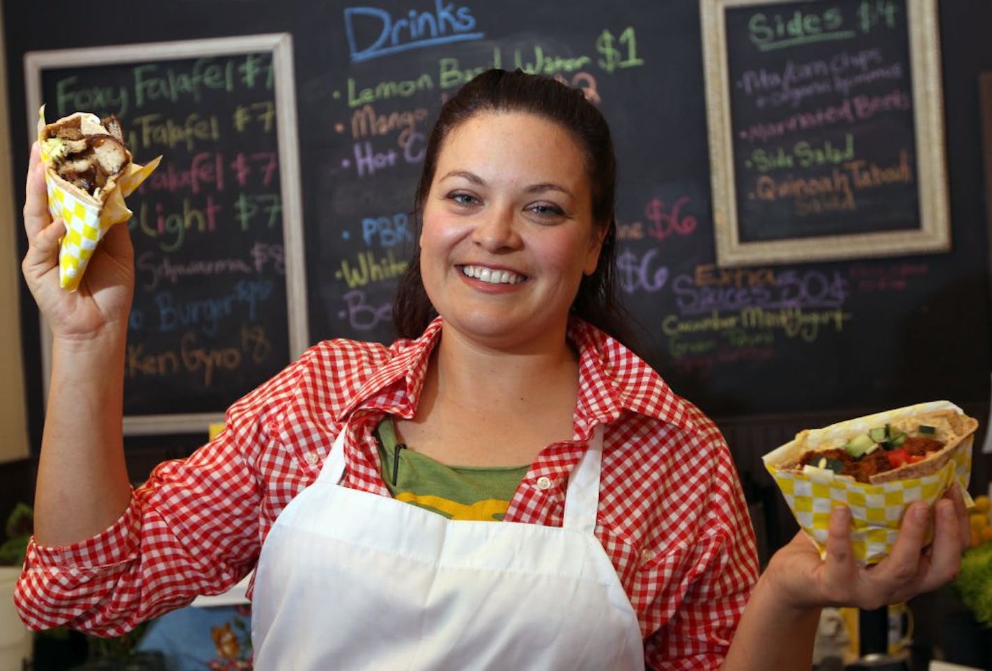 Taste restaurant review, The Foxy Falafel, St Paul MN. Erica Strait is the owner chef of the Raymond Ave restaurant location. [ TOM WALLACE � twallace@startribune.com _ Assignments #20025273E_ Sept 17, 2012_ SLUG: vita RN1004_ EXTRA INFORMATION: Owner, Erica Strait CQ'ed by internet and rick nelson