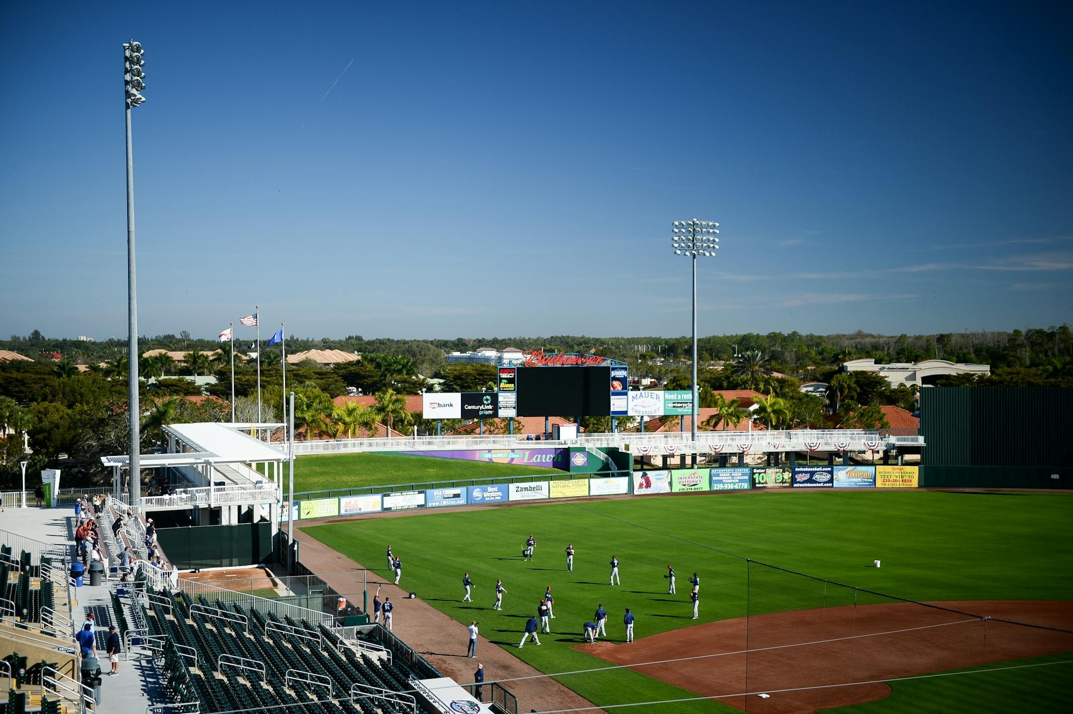 Twins outfielders warmed up their arms Monday morning.