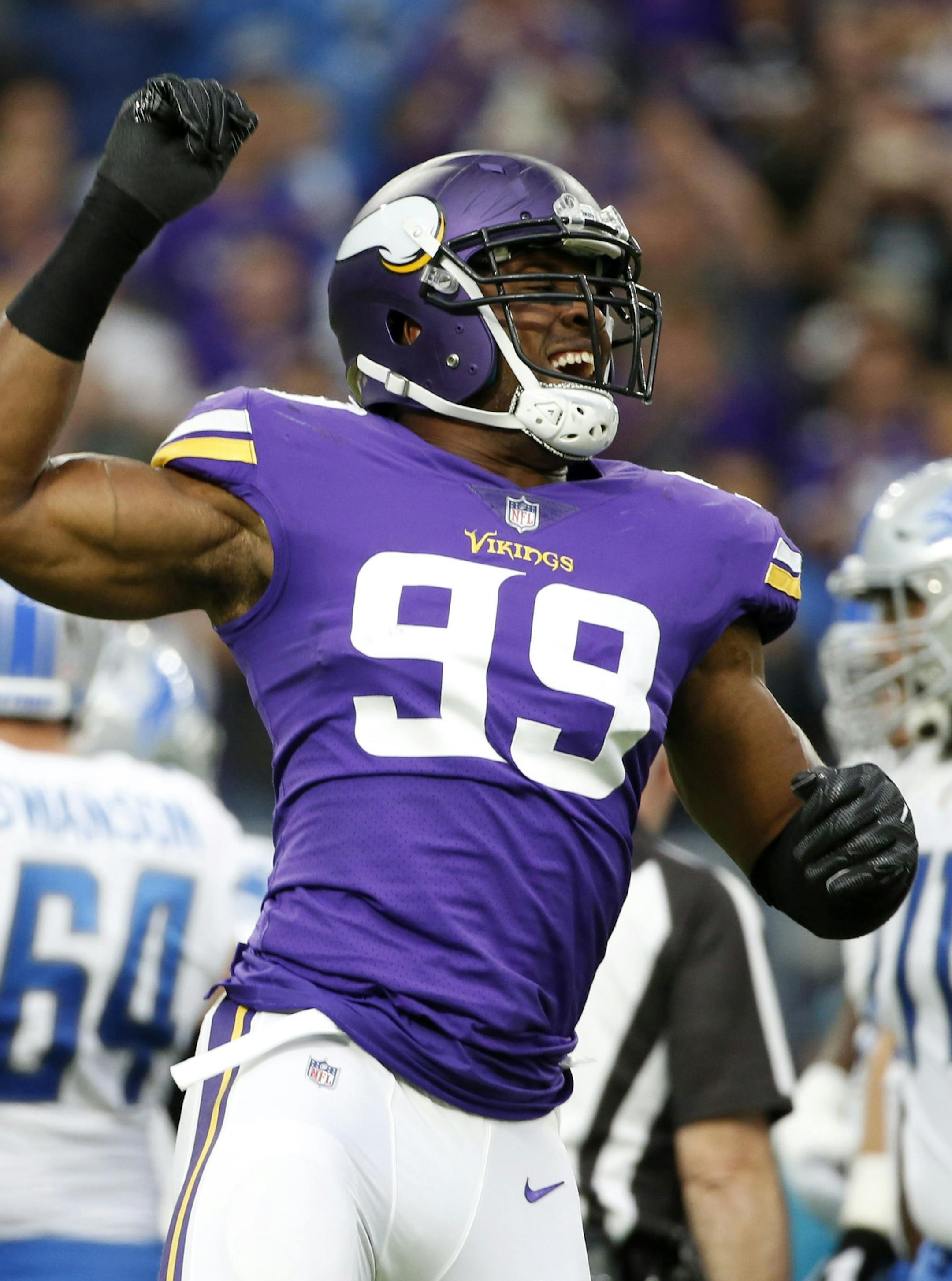Minnesota Vikings defensive end Danielle Hunter (99) celebrates after sacking Detroit Lions quarterback Matthew Stafford during the first half of an NFL football game, Sunday, Oct. 1, 2017, in Minneapolis. (AP Photo/Bruce Kluckhohn)