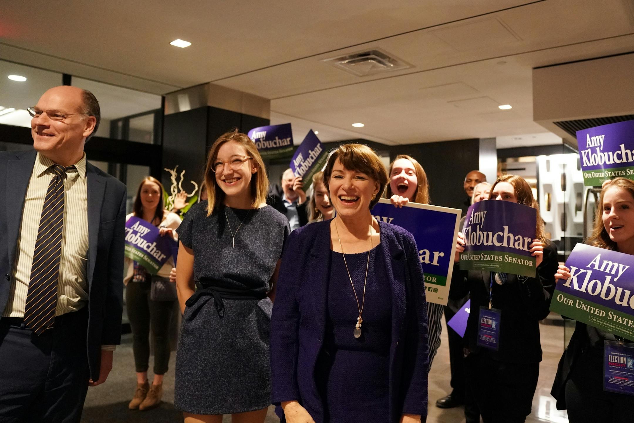 U.S. Sen. Amy Klobuchar arrived at the Intercontinental Hotel with her husband John Bessler, and daughter Abigail Klobuchar Bessler for the DFL's election night party Tuesday night.
