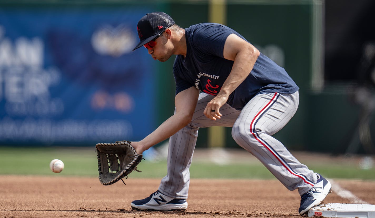 Alex Kirilloff fielded a ground ball in spring training. The first baseman made his 2023 debut with the Twins on Saturday.