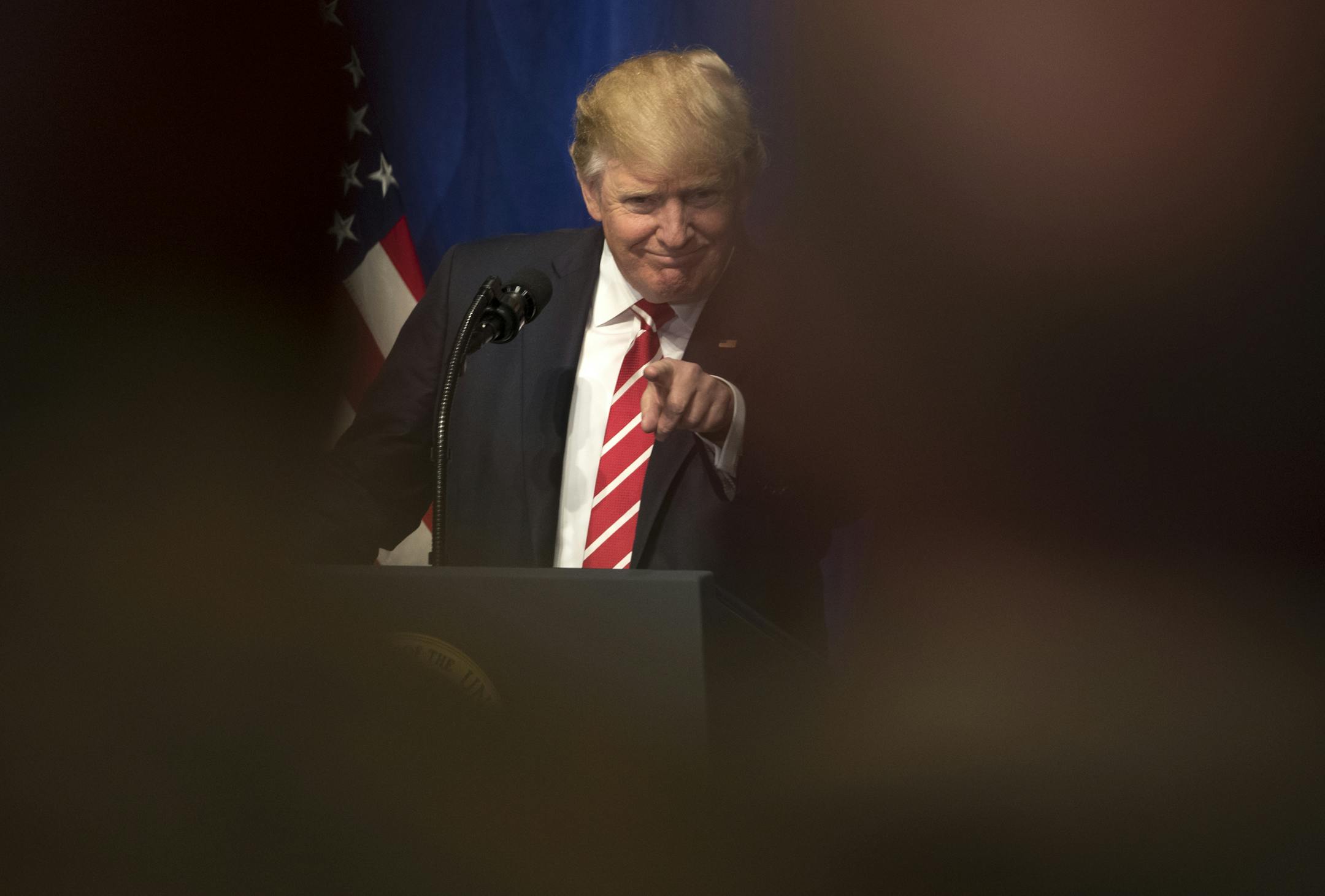 FILE-- President Donald Trump speaks during a visit to U.S. Central Command at MacDill Air Force Base in Tampa., Fla., Feb. 6, 2017. Trump lashed out at the nation’s intelligence agencies again on Feb. 15, accusing them of illegally leaking information to the news media, on a day of new disclosures about his dealings with Russia during and after the presidential campaign. (Stephen Crowley/The New York Times)