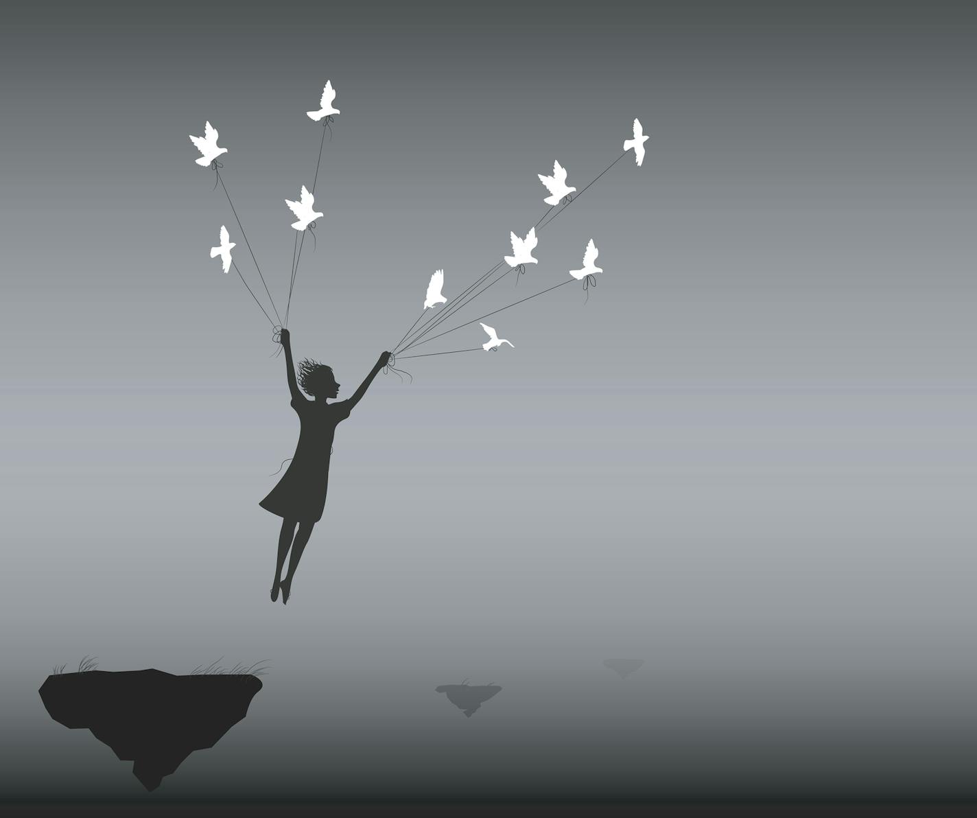 girl is flying rock and holding pigeons on flying rock , fly in the dream, shadows, life on flying rock, silhouette.